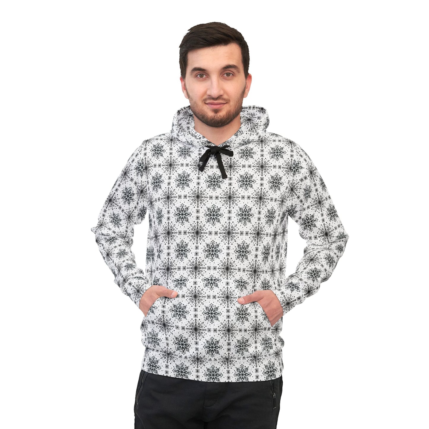Snowflake Athletic Hoodie - Watercolor Design by Anndria - Black and White