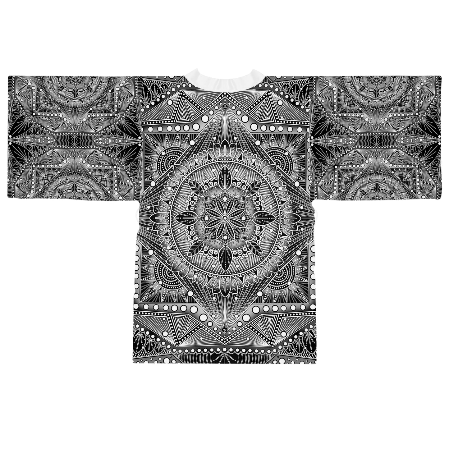 Monochrome Black and White, Kimono Robe, Mandala Style, Long Sleeve Wrap, Boho Bathrobe, Colorful Lounge Wear, Anndria Art, Spa Robe