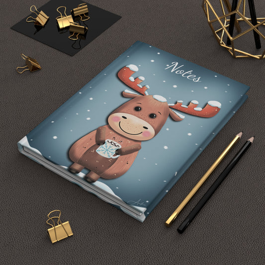 Hardcover Journal Matte with Anndria's Frosty Sips Cute Moose Drawing, Notebook, Sketchbook, Diary, Gift for Writers, Winter Holidays