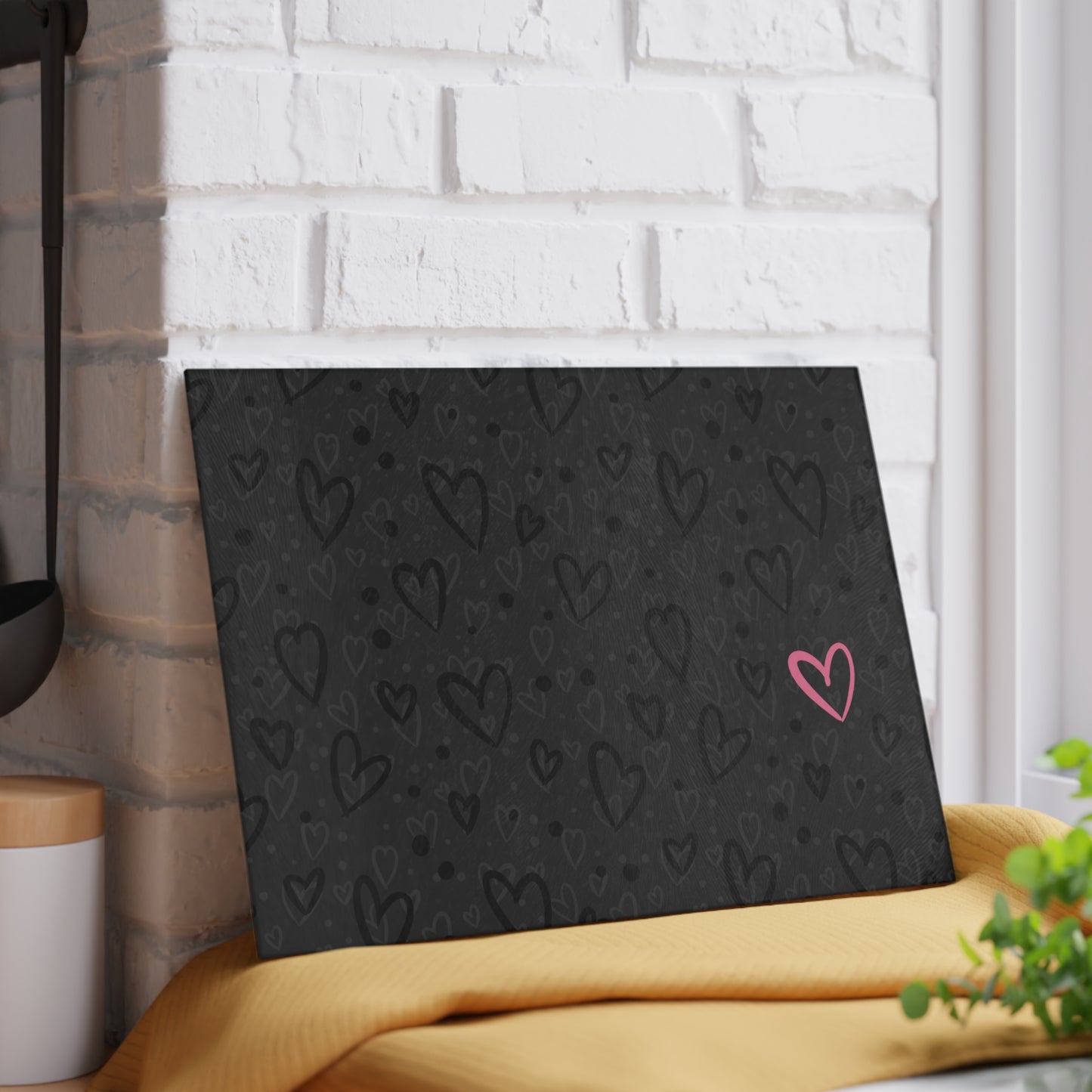 Cutting Board - Black Monochrome Heart Pattern with Pink Heart, Hand Drawn Design by Anndria, Millennial Gray Kitchen Decor