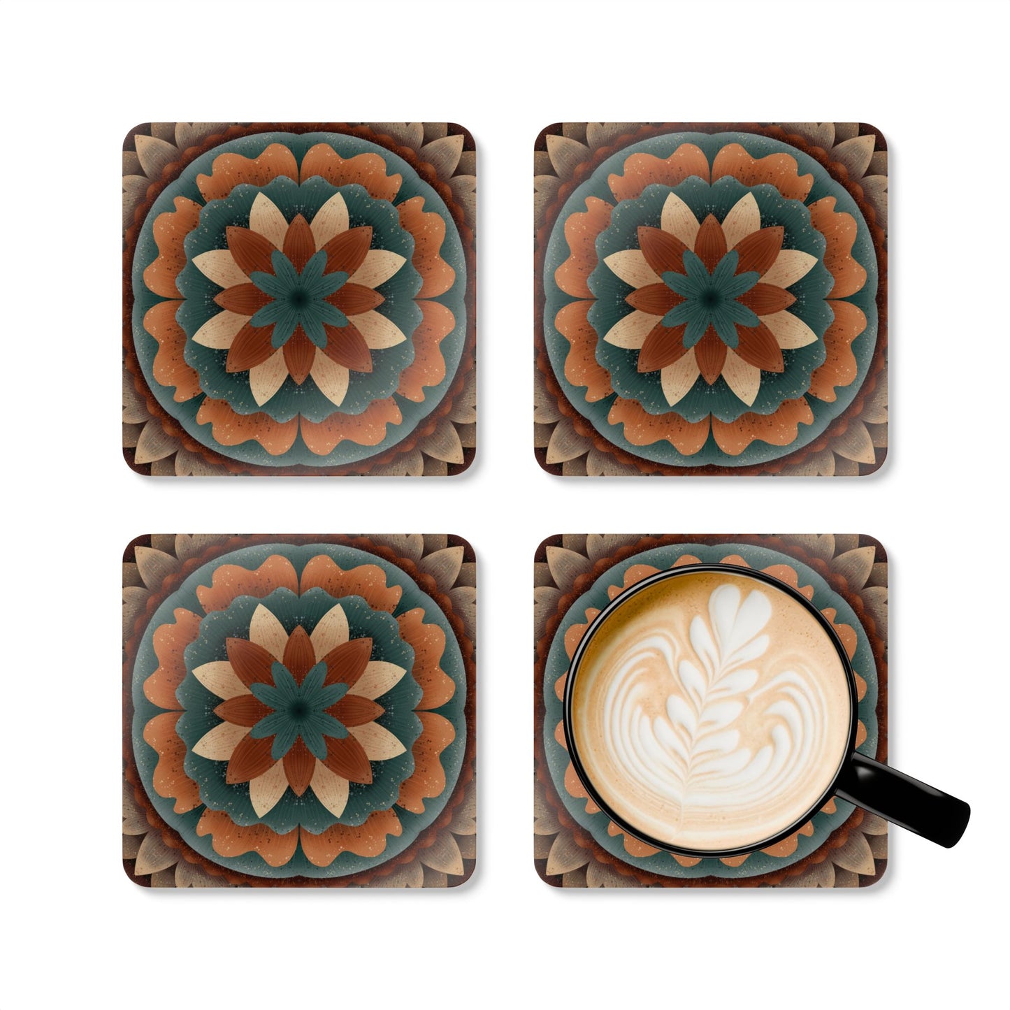 Harvest Harmony Corkwood Coaster Set | 4-Piece Set by Anndria | High-Gloss Finish with Cork Backing