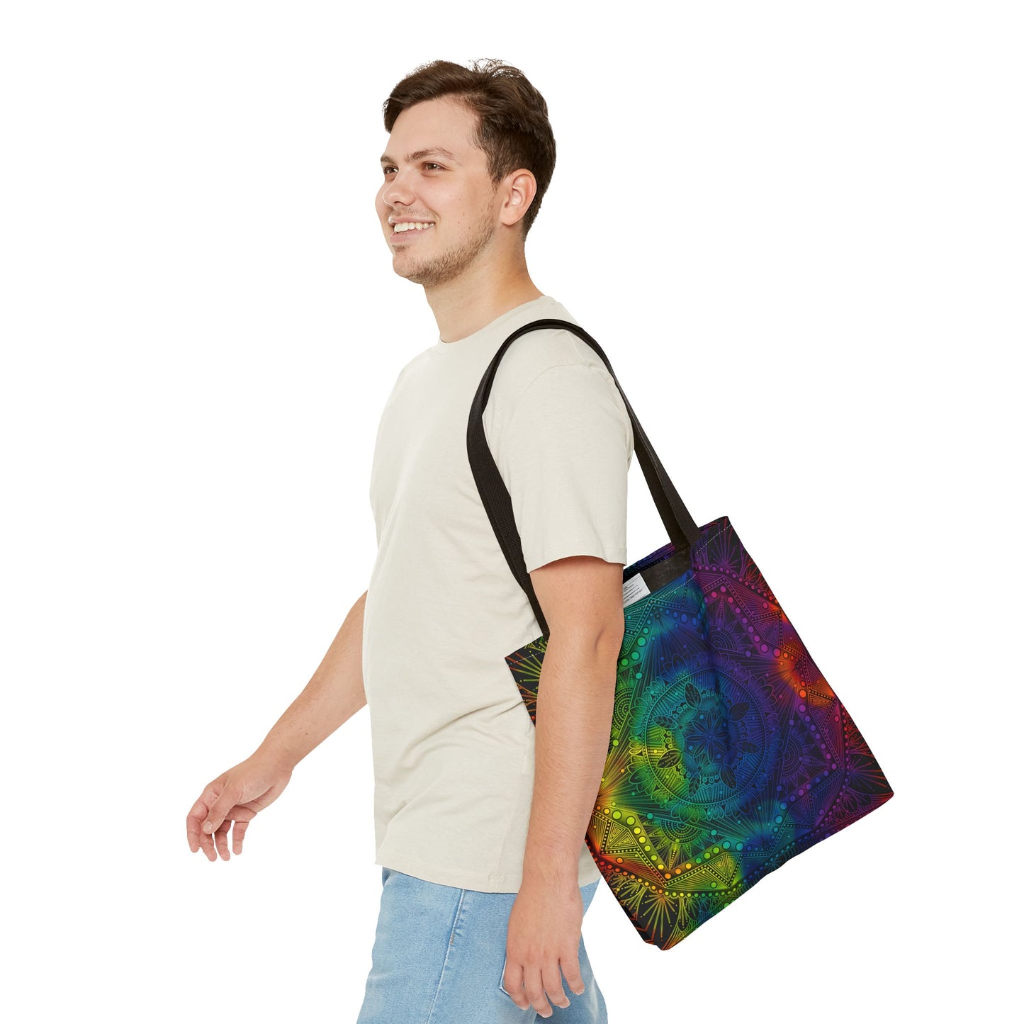 Holographic Mandala Tote Bag - Rainbow Custom Design by Anndria, Unique Shoulder Handbag for Women, Colorful Beach Carryall, Boho Shopping