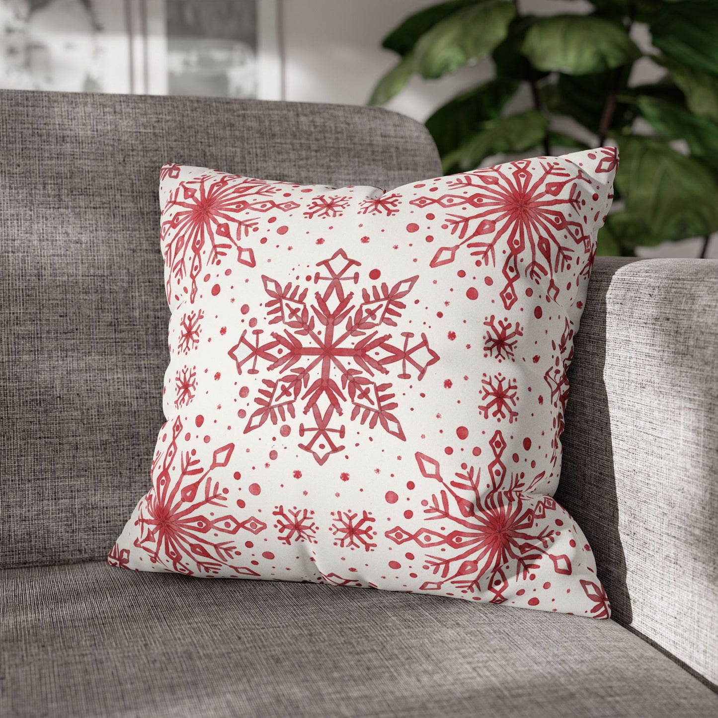 Pillowcase Watercolor Snowflake Design - Red and White
