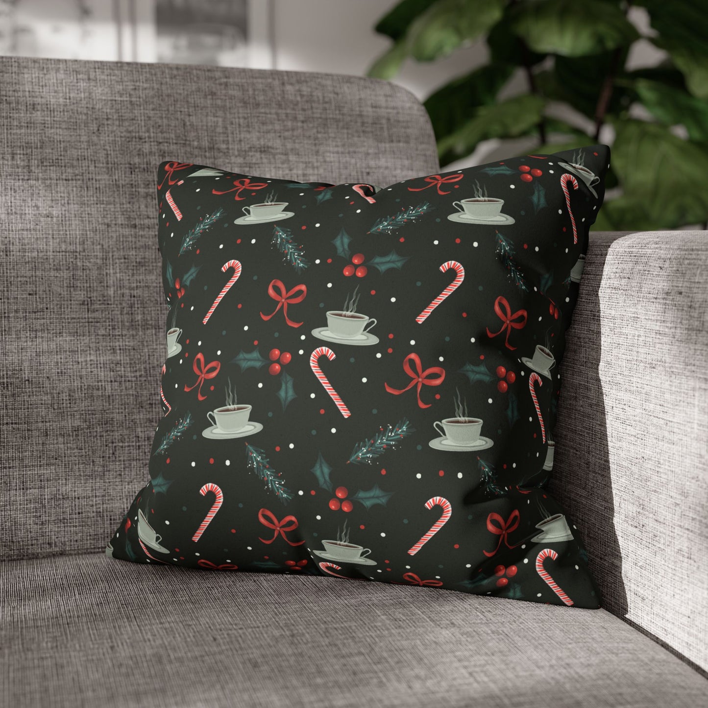 Throw Pillow Christmas Candy Canes Pine Sprigs Coffee Holly Bows Faux Suede - Dark Green