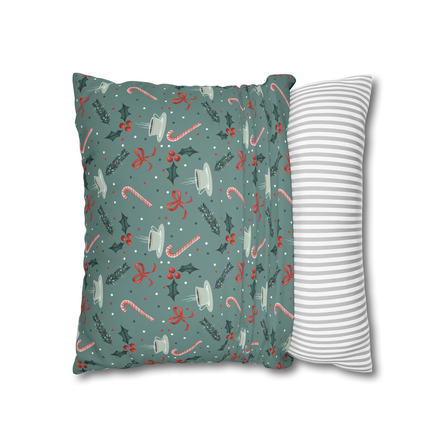 Throw Pillow Christmas Candy Canes Pine Sprigs Coffee Holly Bows Faux Suede - Cool Green
