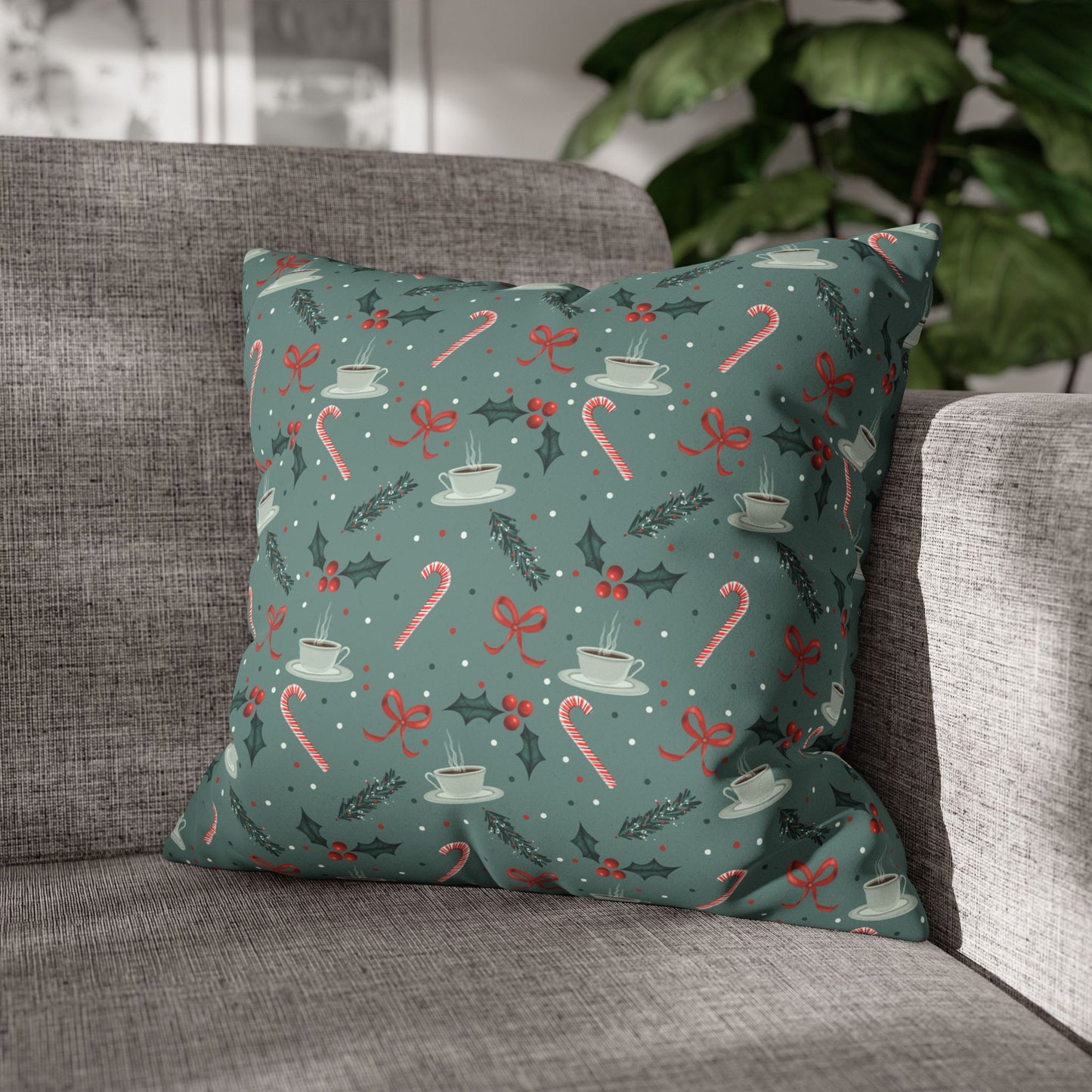 Throw Pillow Christmas Candy Canes Pine Sprigs Coffee Holly Bows Faux Suede - Cool Green