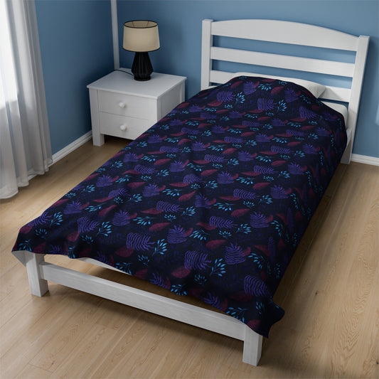 Plush Blanket - Purple and Blue Botanical Pattern by Anndria