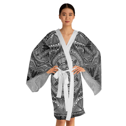 Monochrome Black and White, Kimono Robe, Mandala Style, Long Sleeve Wrap, Boho Bathrobe, Colorful Lounge Wear, Anndria Art, Spa Robe