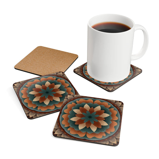 Harvest Harmony Corkwood Coaster Set | 4-Piece Set by Anndria | High-Gloss Finish with Cork Backing