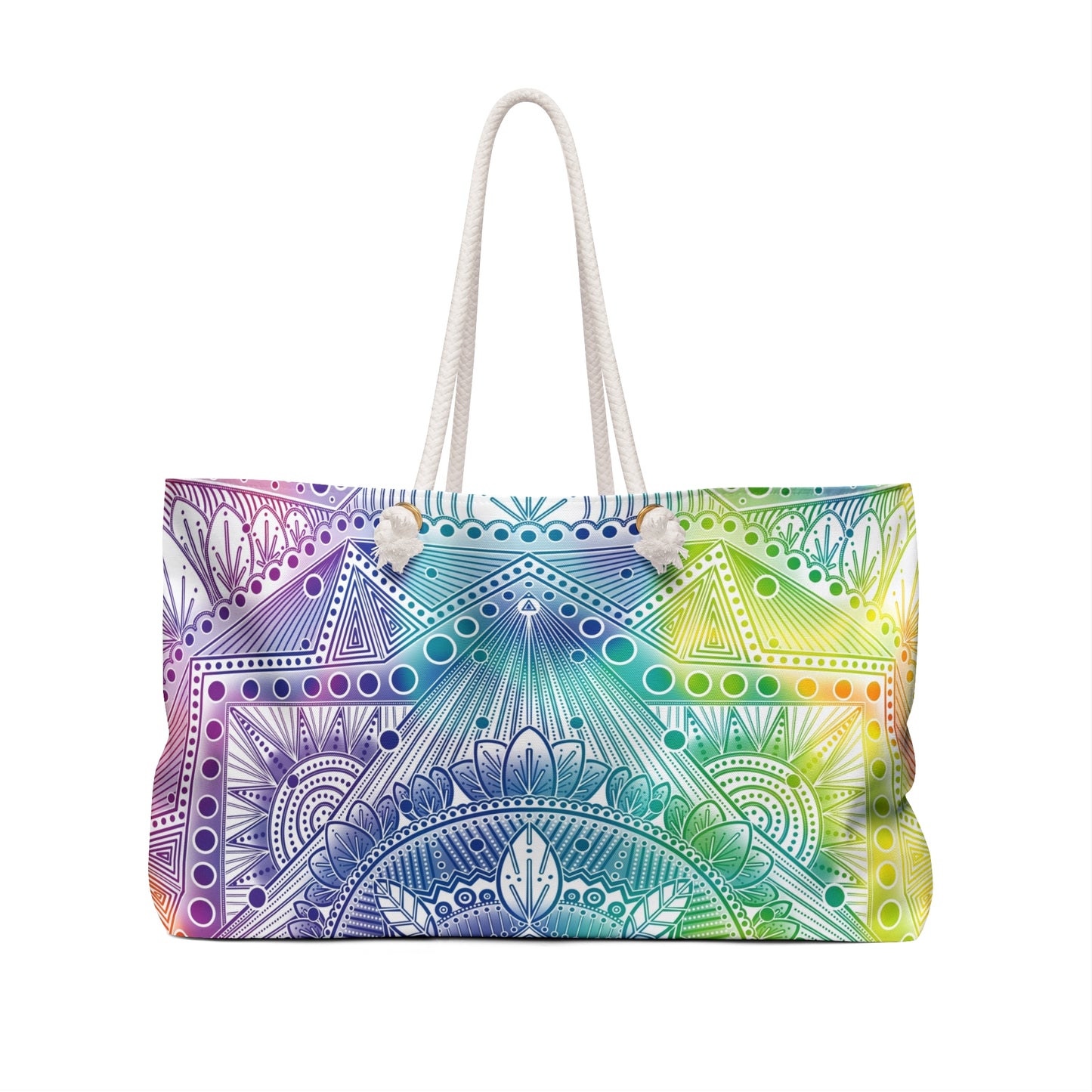 Mandala Weekender Bag, Rainbow Holographic Design by Anndria, Custom Carryall, Unique Overnight Duffle, Boho Travel Tote, Colorful Gym Bag