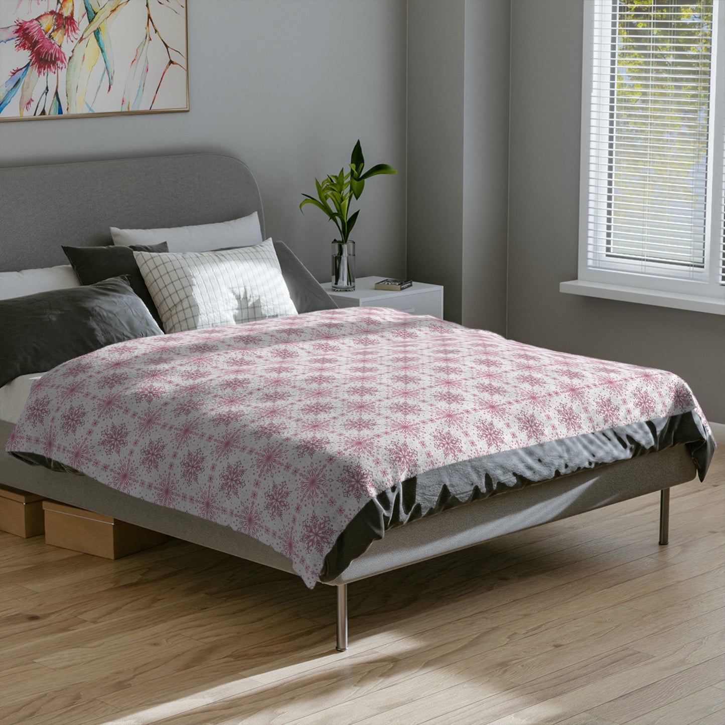 Velveteen Microfiber Blanket - Watercolor Snowflake Design by Anndria - Pink and White