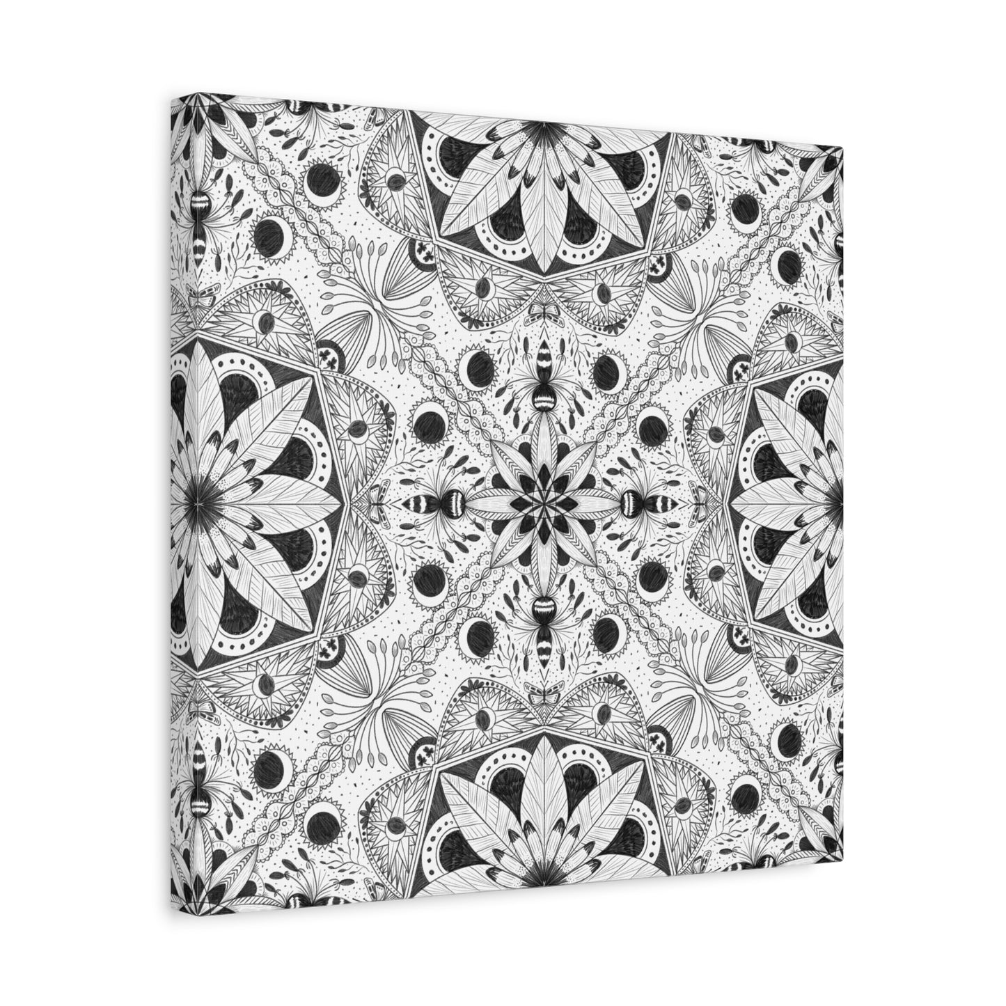 Black and White Floral Pattern Canvas Wall Art - Witchy Moth and Moons