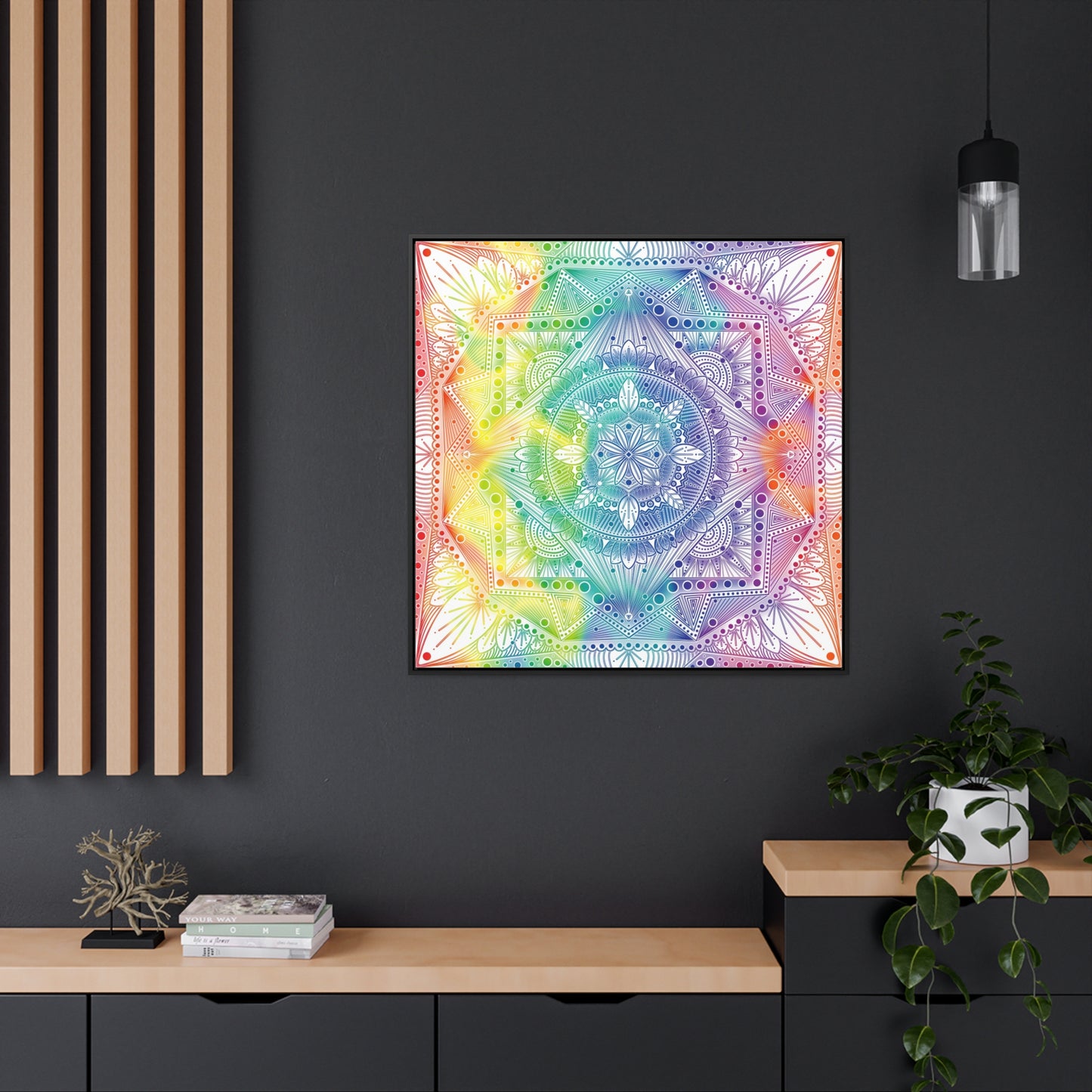 Canvas Prints, Holographic Rainbow Mandala Artwork, Square Frame, Psychedelic Wall Decor, Abstract Art Gift