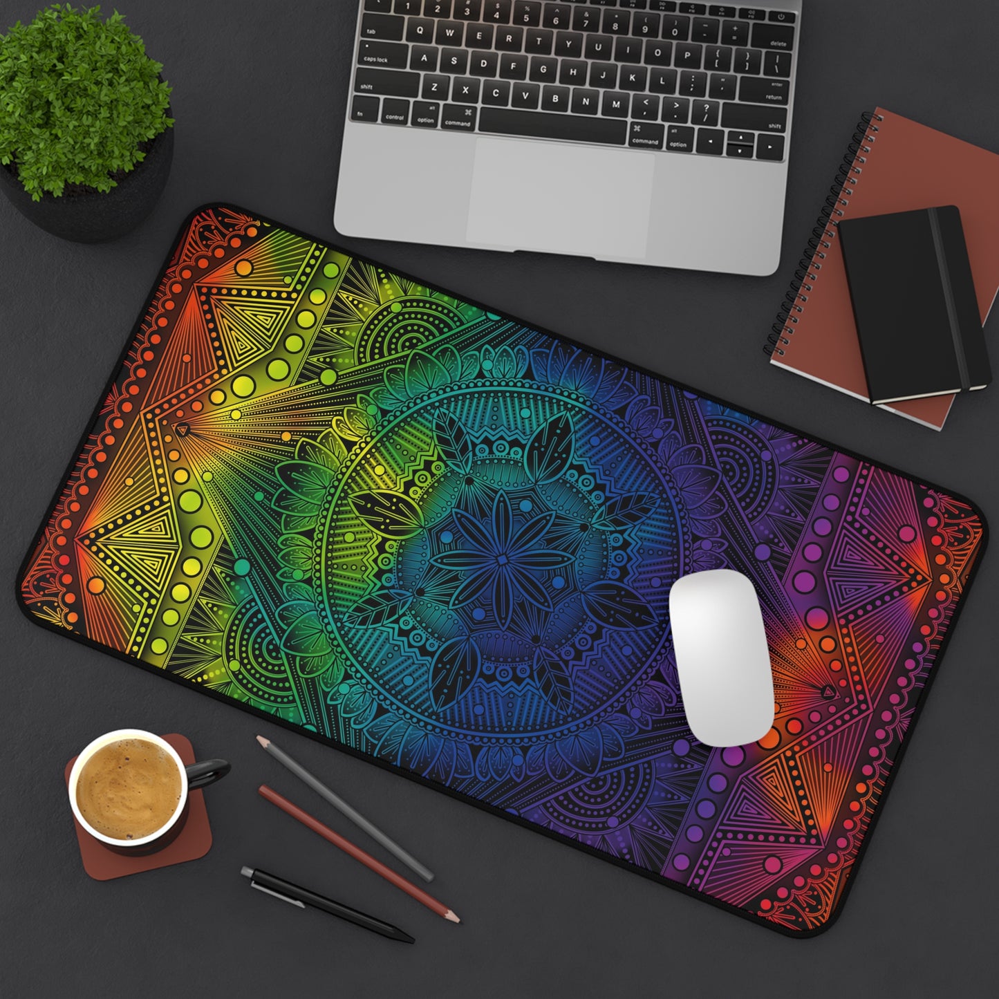 Desk Mat, Rainbow Holographic Mandala Design by Anndria, Unique Custom Work, Table Protector, Desk Pad, Office Decor, Mouse Pad