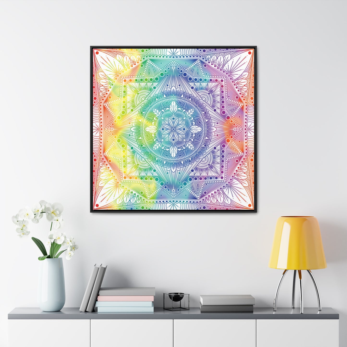 Canvas Prints, Holographic Rainbow Mandala Artwork, Square Frame, Psychedelic Wall Decor, Abstract Art Gift