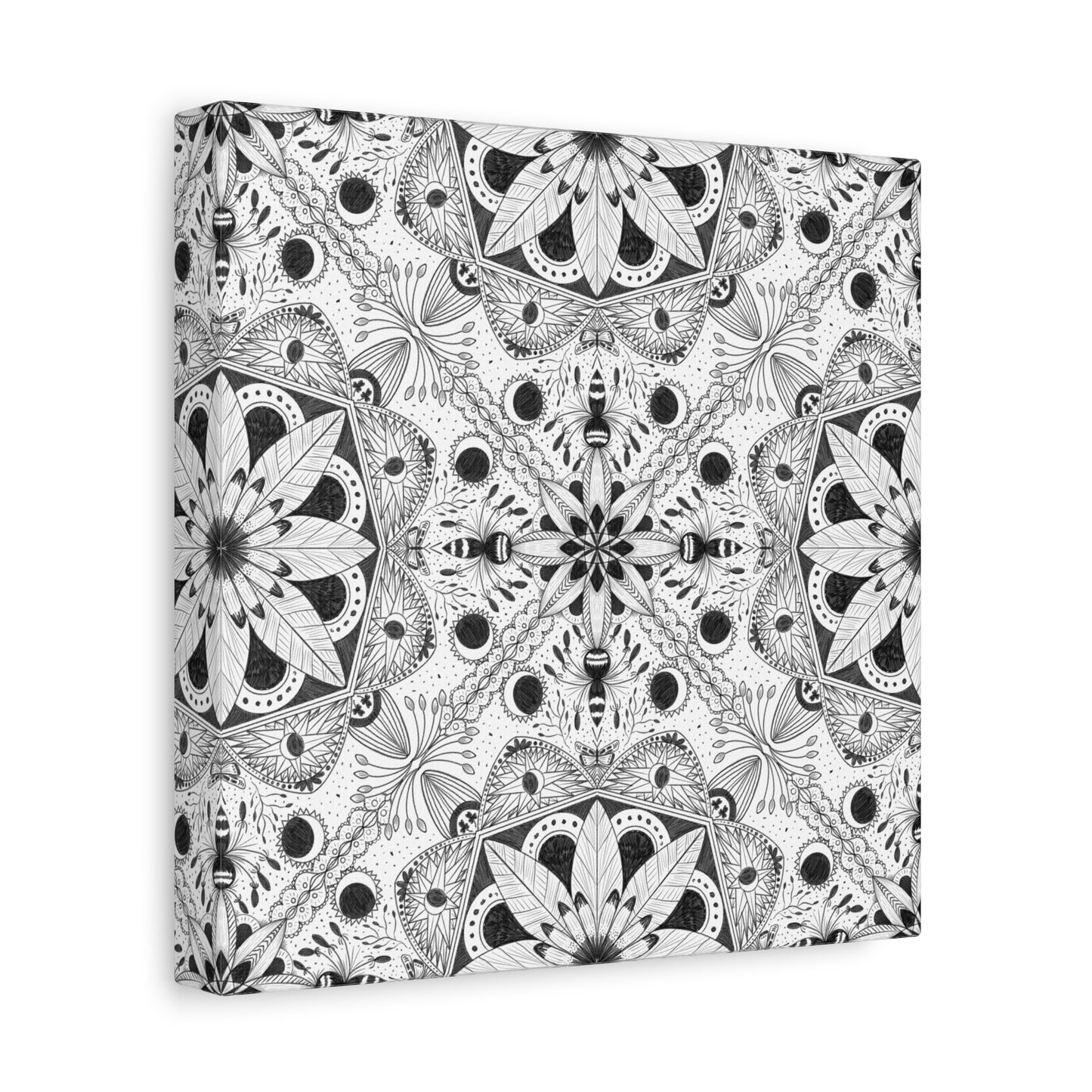 Black and White Floral Pattern Canvas Wall Art - Witchy Moth and Moons