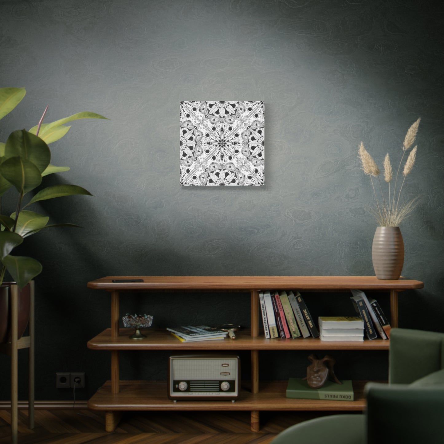 Black and White Floral Pattern Canvas Wall Art - Witchy Moth and Moons