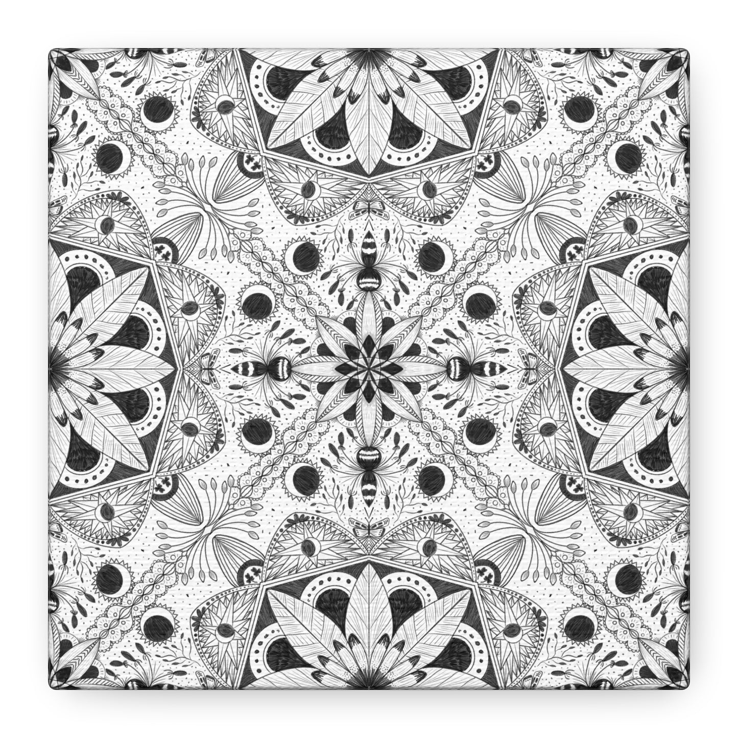 Black and White Floral Pattern Canvas Wall Art - Witchy Moth and Moons