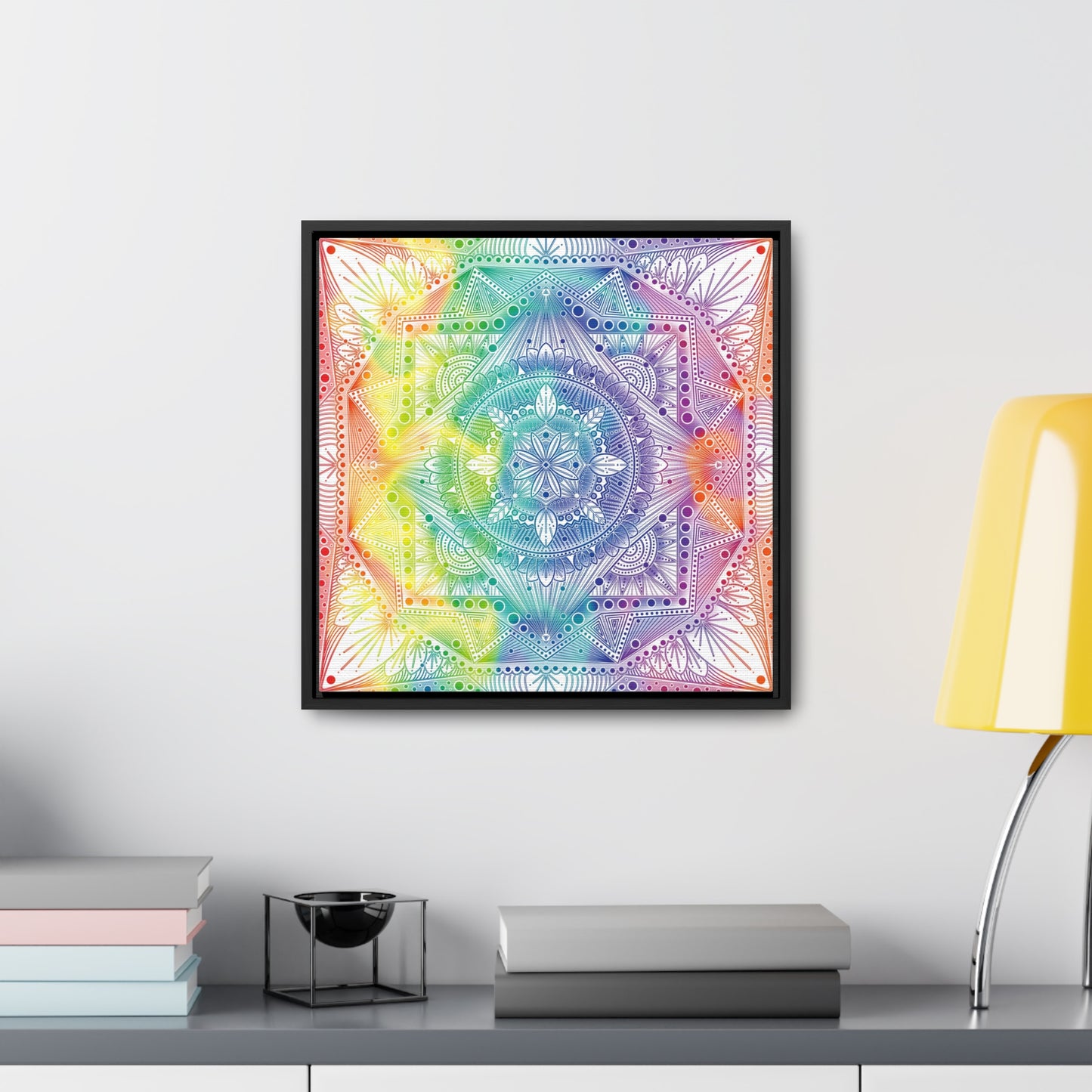Canvas Prints, Holographic Rainbow Mandala Artwork, Square Frame, Psychedelic Wall Decor, Abstract Art Gift