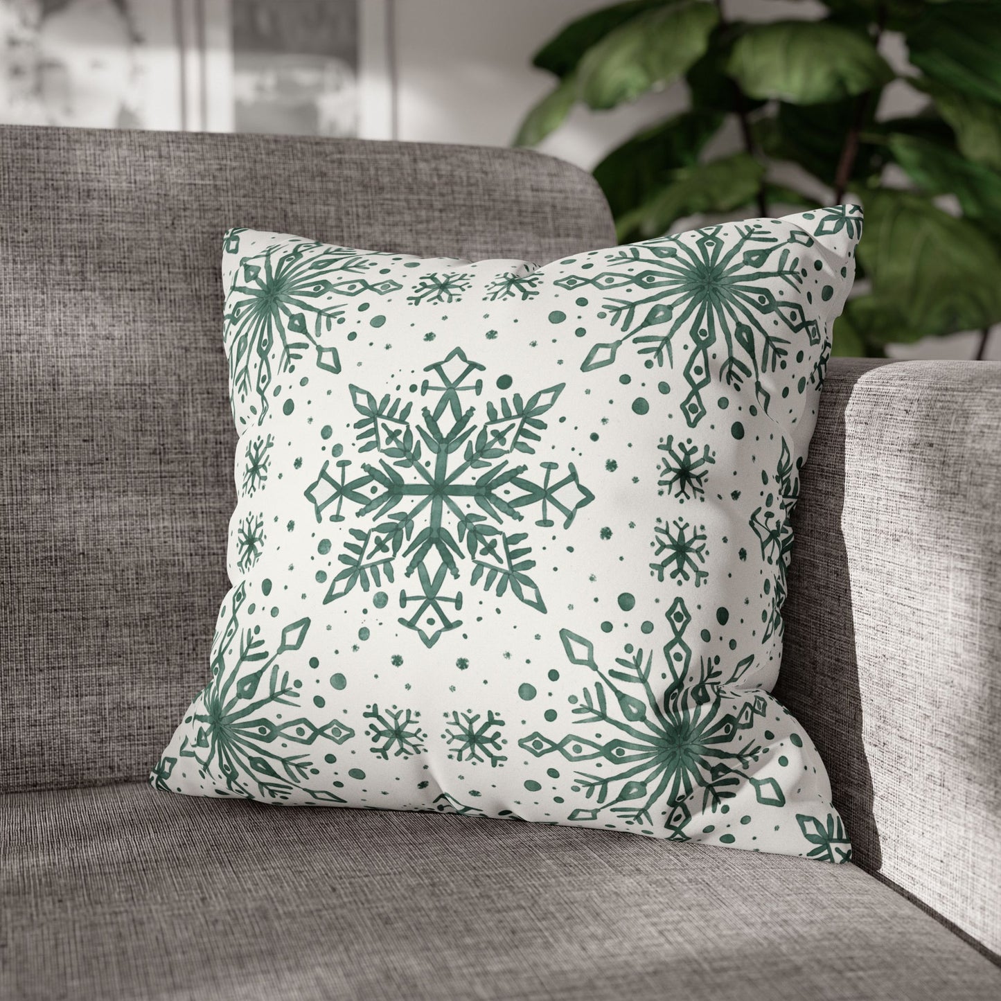 Pillowcase Watercolor Snowflake Design - Green and White