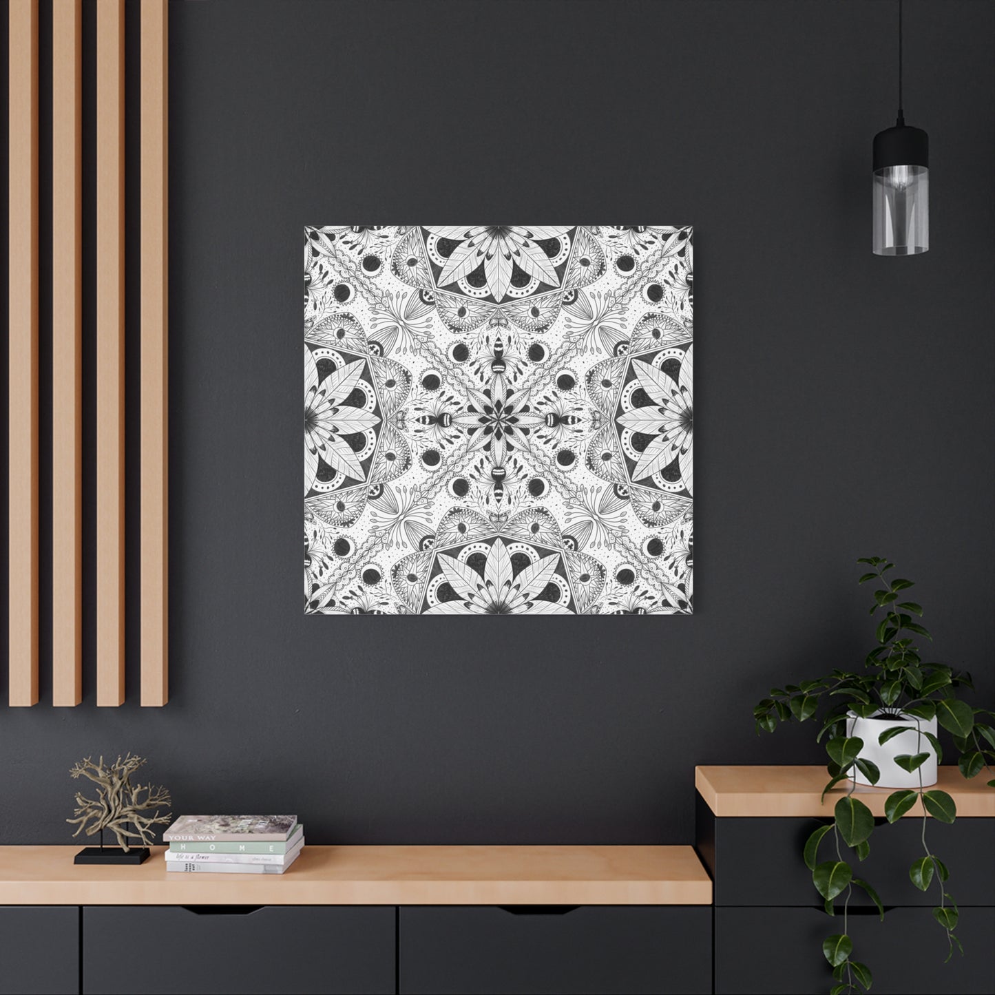 Black and White Floral Pattern Canvas Wall Art - Witchy Moth and Moons