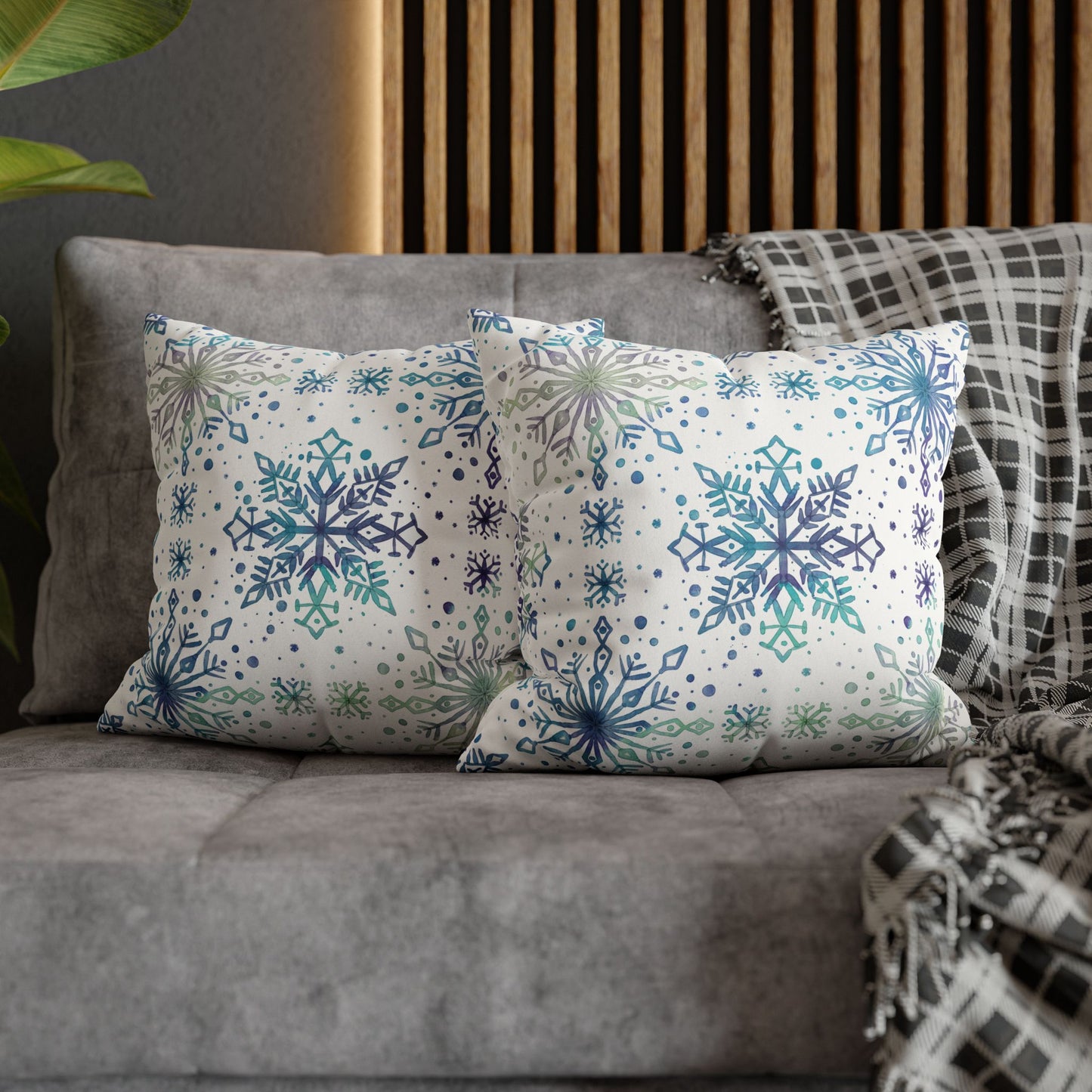 Pillowcase Watercolor Snowflake Design - Frosty teal, purple and green