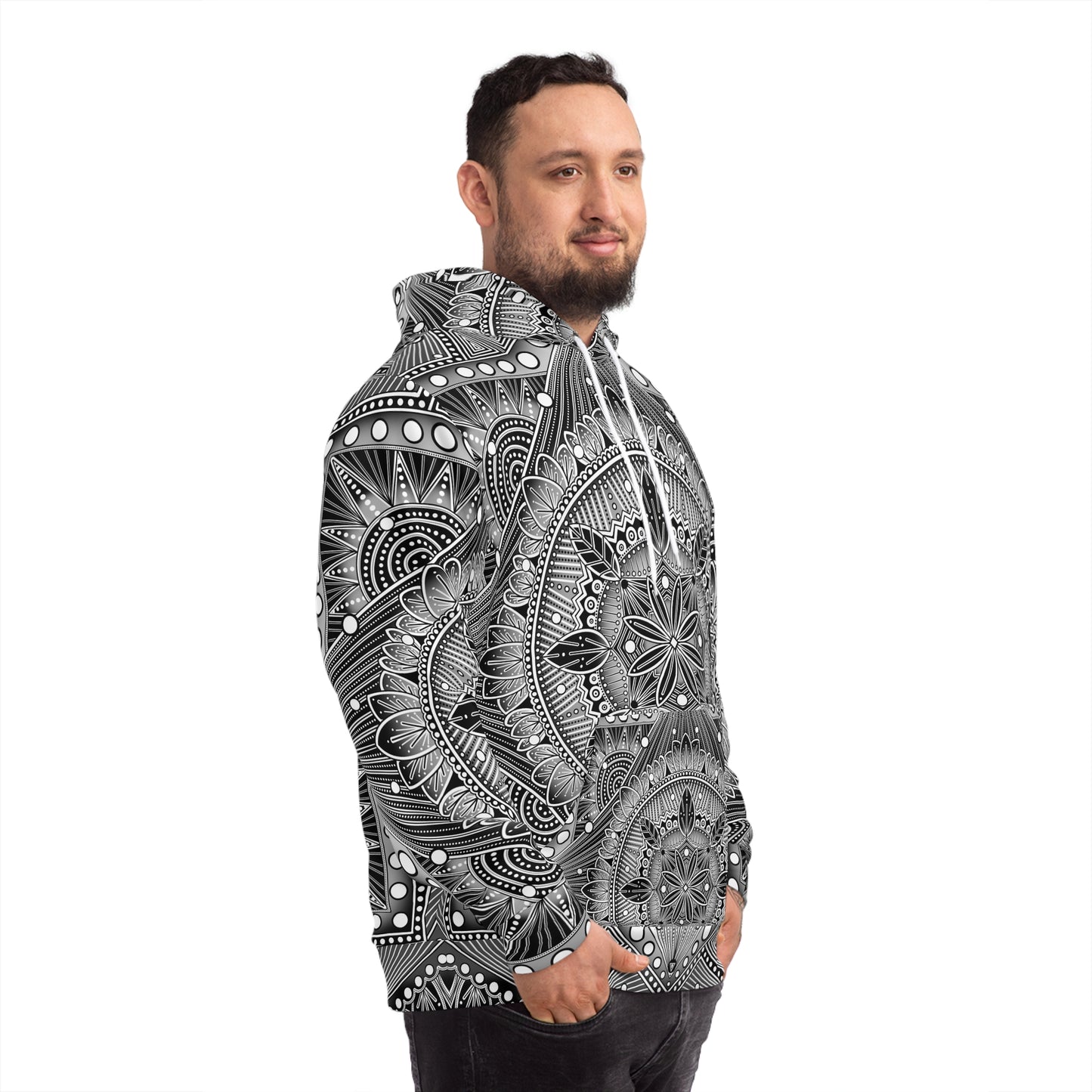 Mandala Hoodie, Monochrome, Black and White Artwork by Anndria, Sweatshirt, Boho Clothing, Trippy Hooded Top