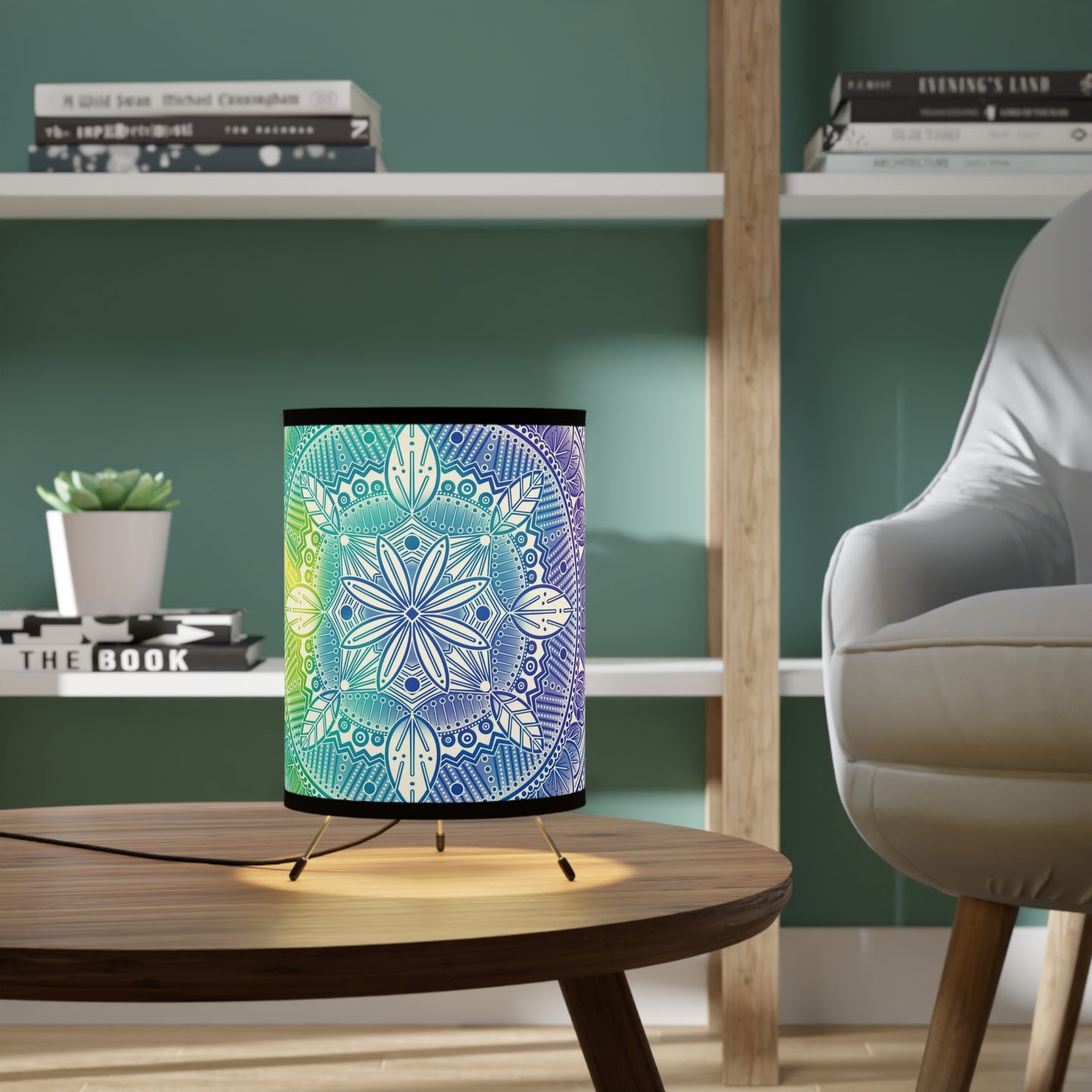 Lamp Shade, Rainbow Holographic Mandala Design by Anndria, Unique Tripod Lamp for Home Decor, US\CA Plug, Custom Printed Lighting,