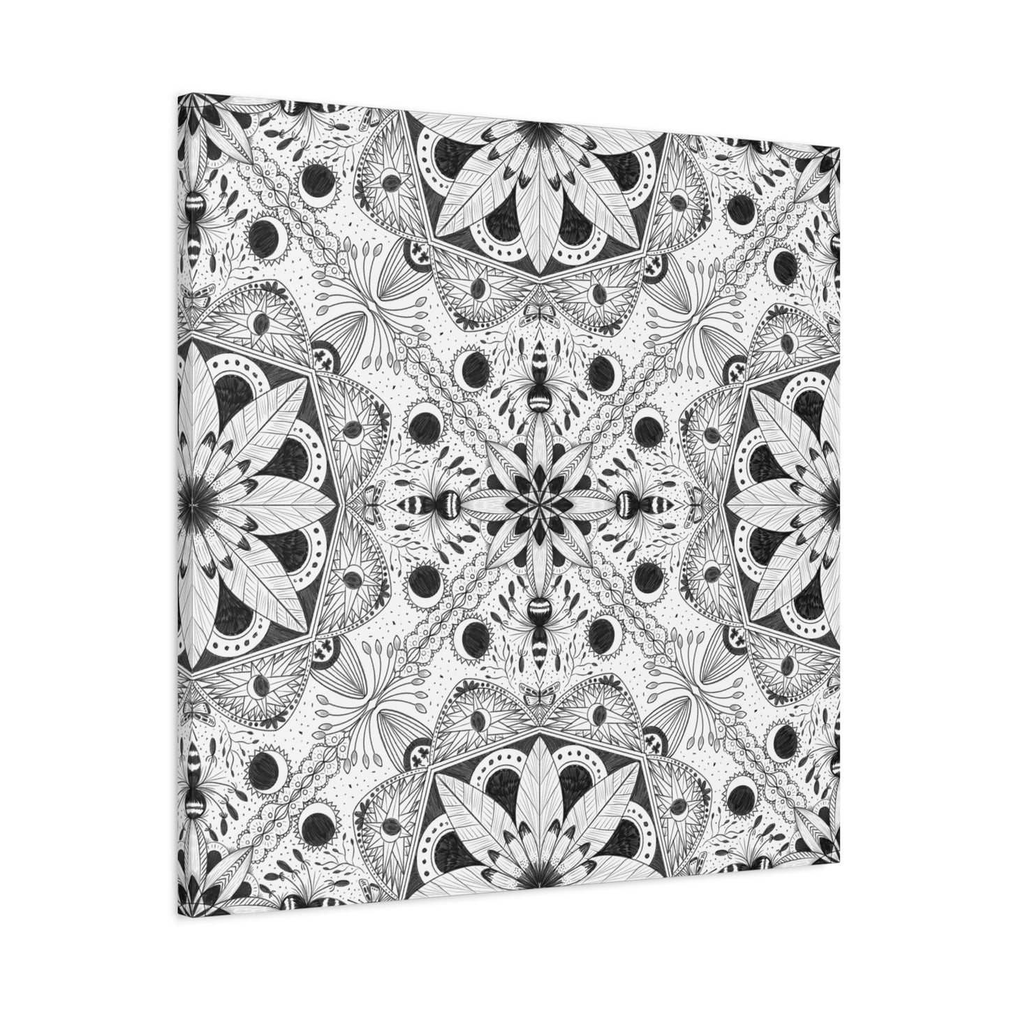 Black and White Floral Pattern Canvas Wall Art - Witchy Moth and Moons