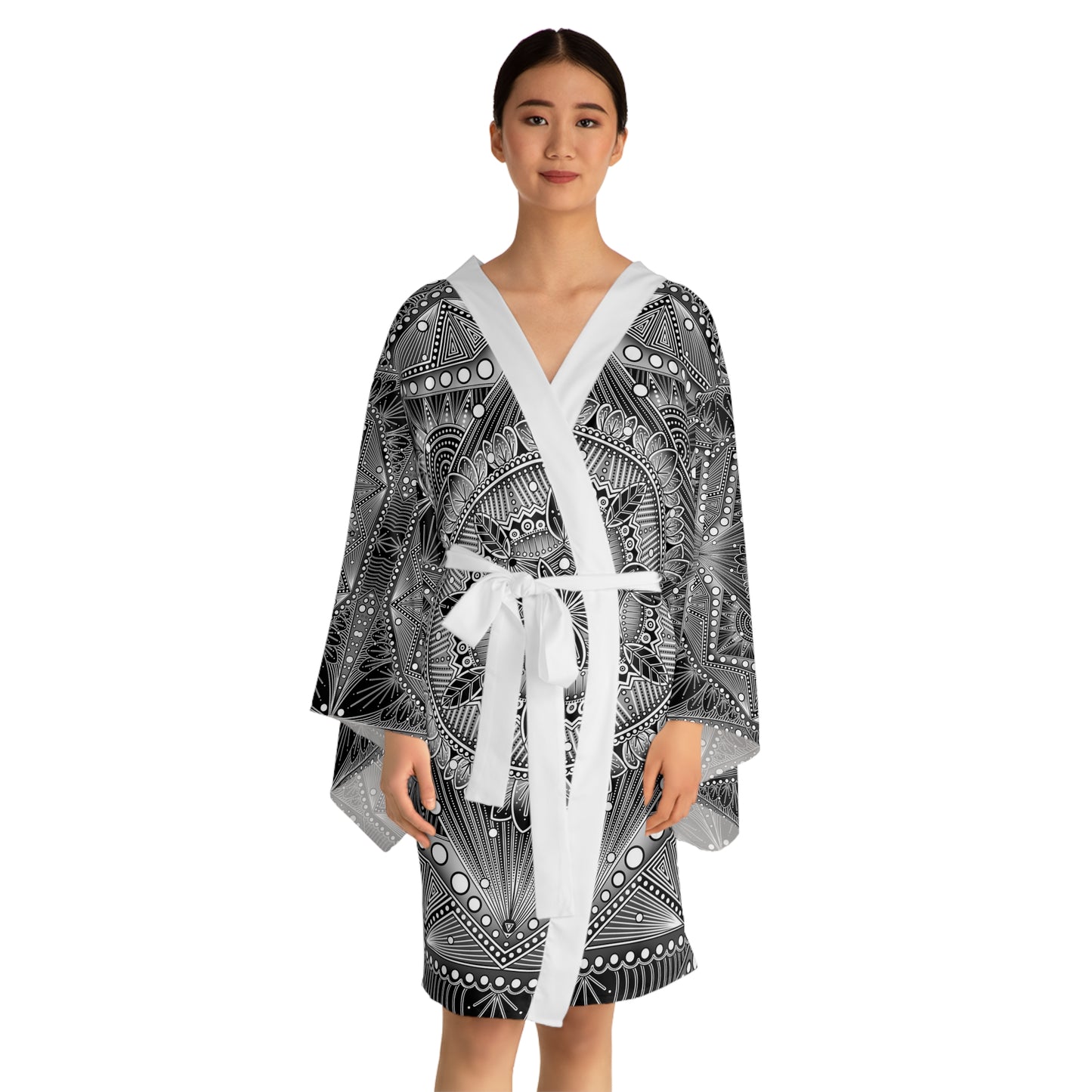 Monochrome Black and White, Kimono Robe, Mandala Style, Long Sleeve Wrap, Boho Bathrobe, Colorful Lounge Wear, Anndria Art, Spa Robe