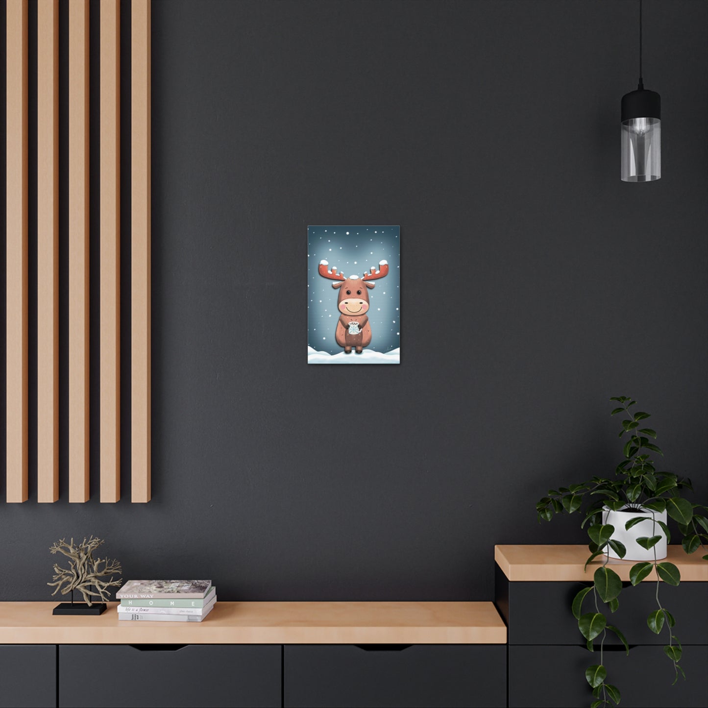 Canvas Wall Art, Cute Moose Covered in Snow, Hot Chocolate with Marshmallows, Frosty Sips Illustration, Winter Cabin Decor, Wildlife Animal