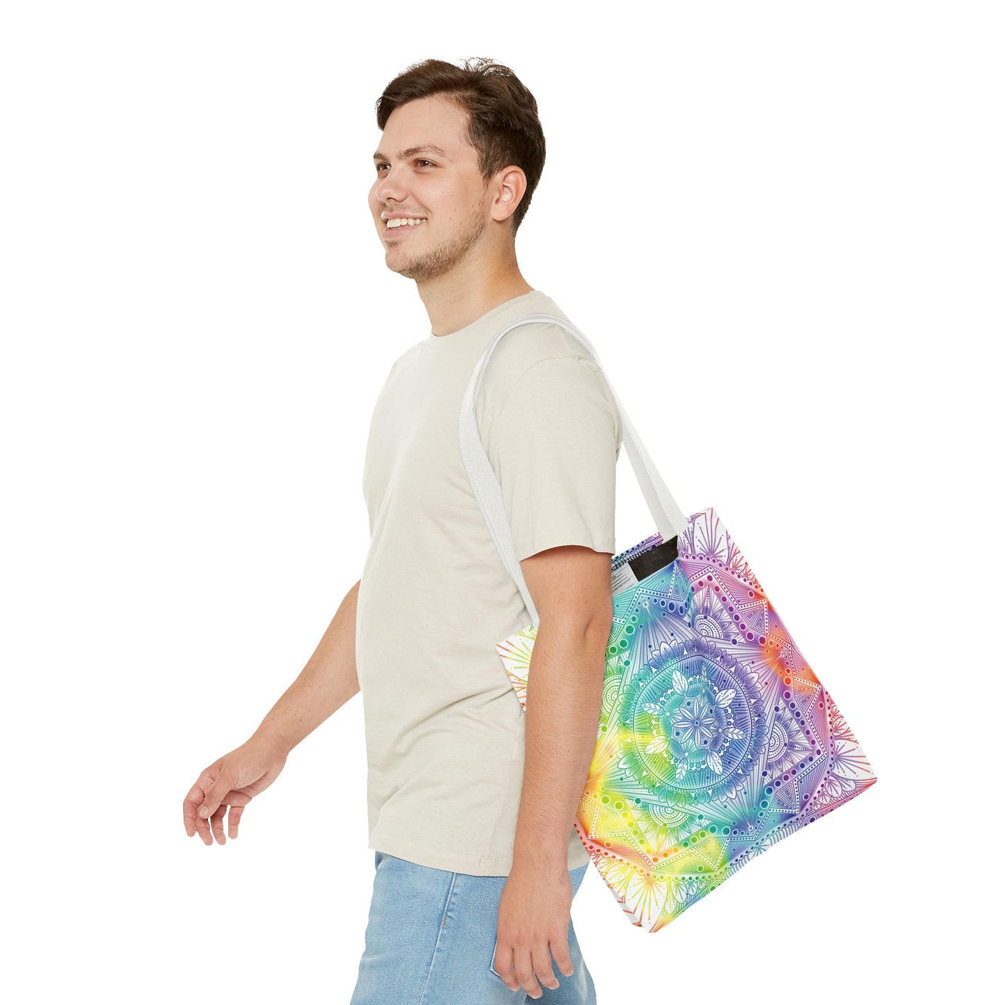 Holographic Mandala Tote Bag - Rainbow Custom Design by Anndria, Unique Shoulder Handbag for Women, Colorful Beach Carryall, Boho Shopping