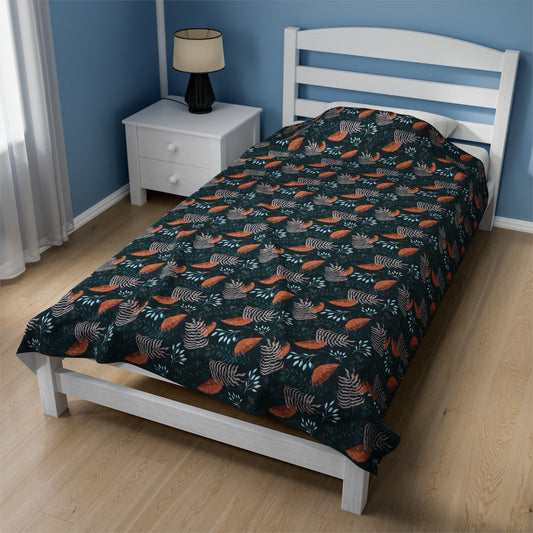Plush Blanket - Earthy Teal, Orange and Taupe Botanical Pattern by Anndria