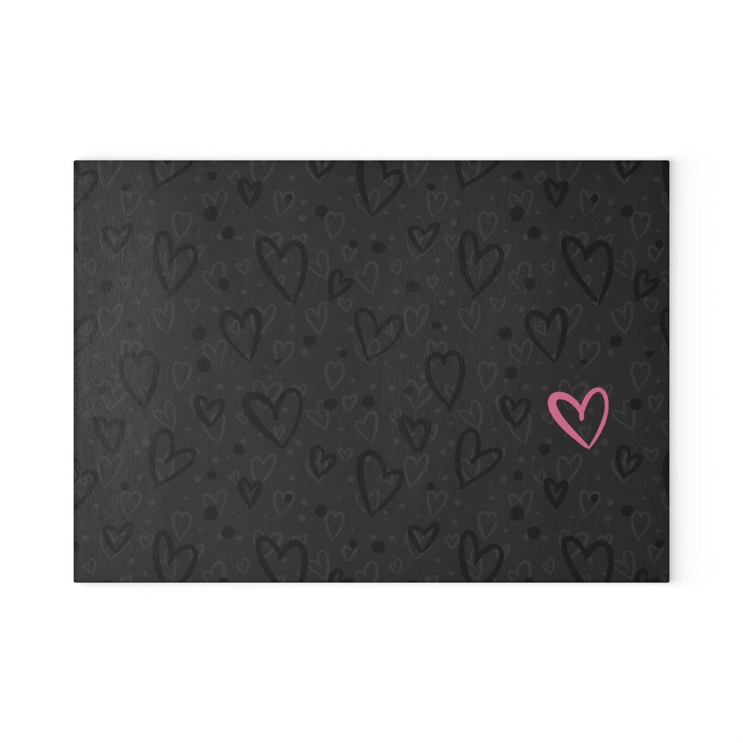 Cutting Board - Black Monochrome Heart Pattern with Pink Heart, Hand Drawn Design by Anndria, Millennial Gray Kitchen Decor