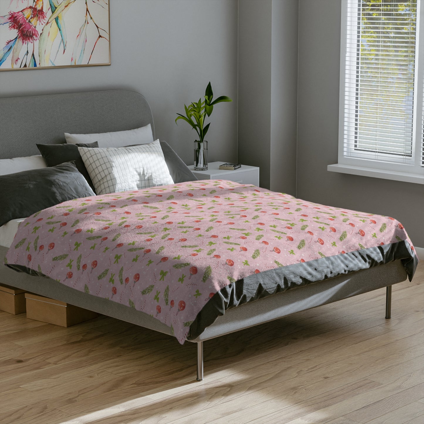 Velveteen Microfiber Blanket - Christmas Trim Pattern Watercolor Design - Pink