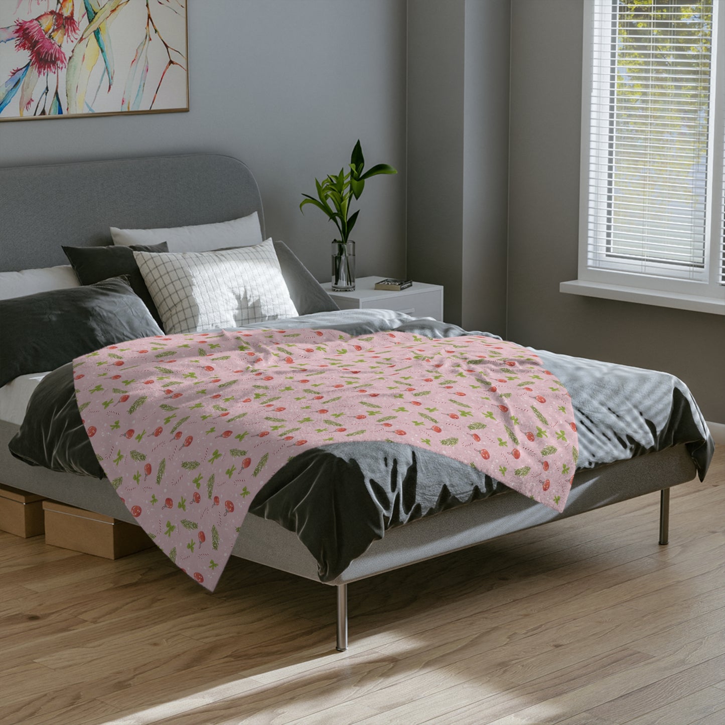 Velveteen Microfiber Blanket - Christmas Trim Pattern Watercolor Design - Pink
