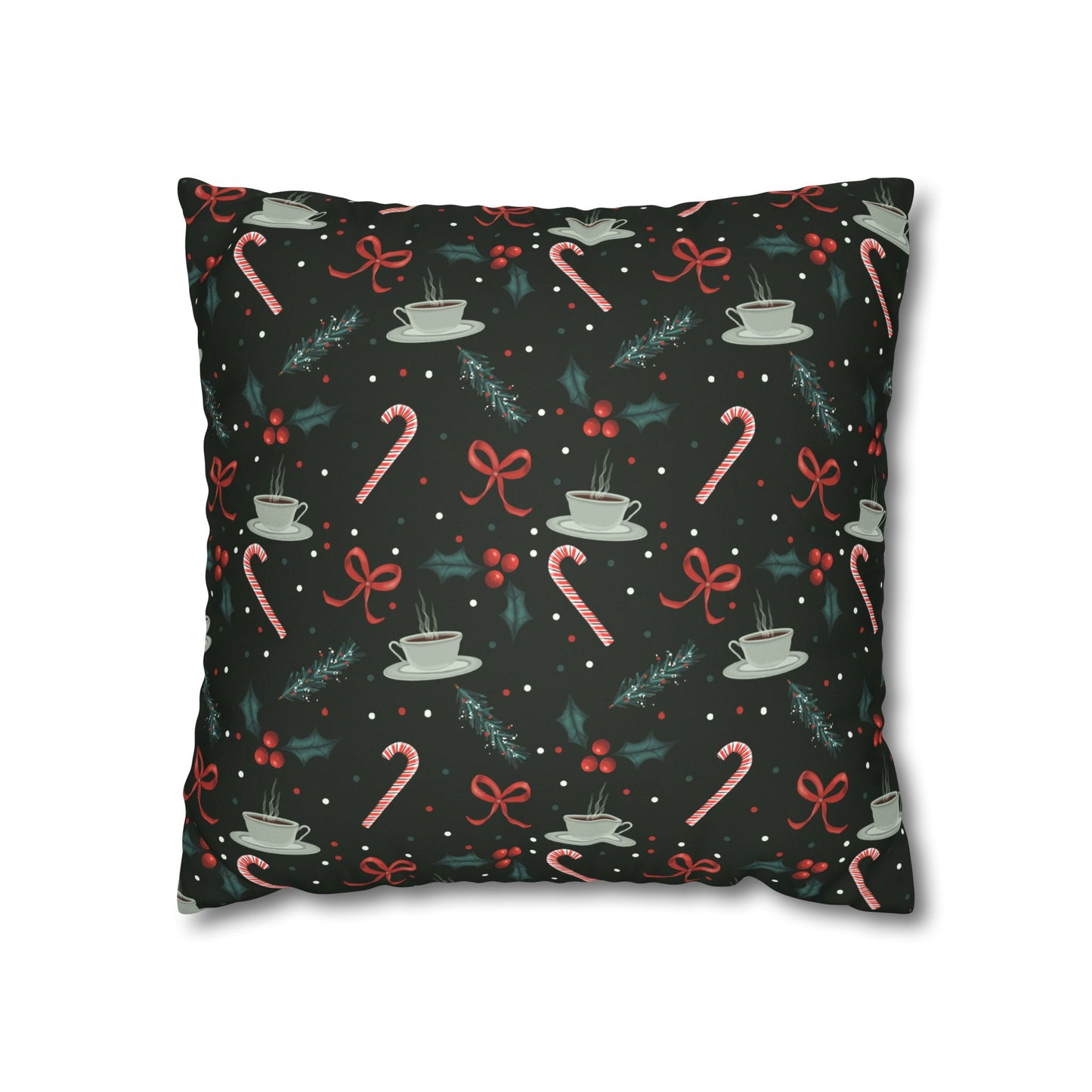Throw Pillow Christmas Candy Canes Pine Sprigs Coffee Holly Bows Faux Suede - Dark Green