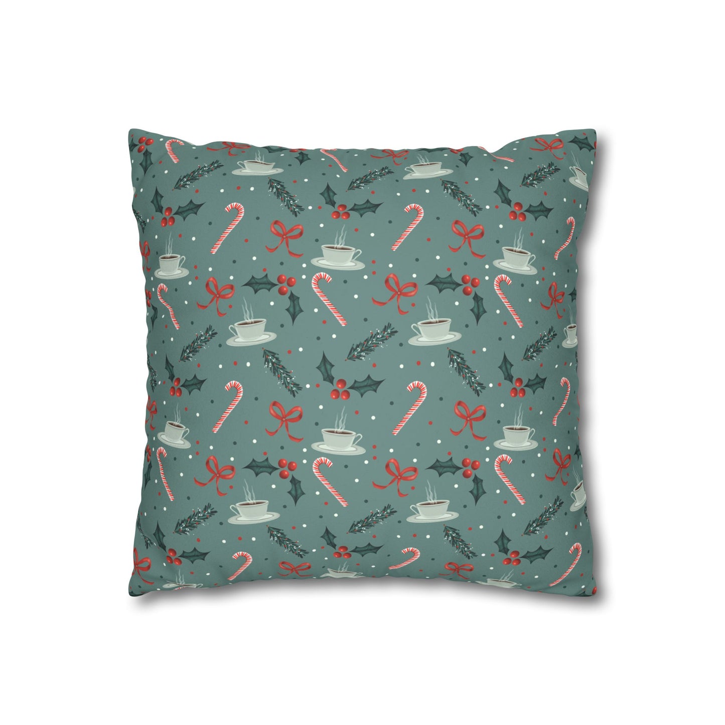 Throw Pillow Christmas Candy Canes Pine Sprigs Coffee Holly Bows Faux Suede - Cool Green