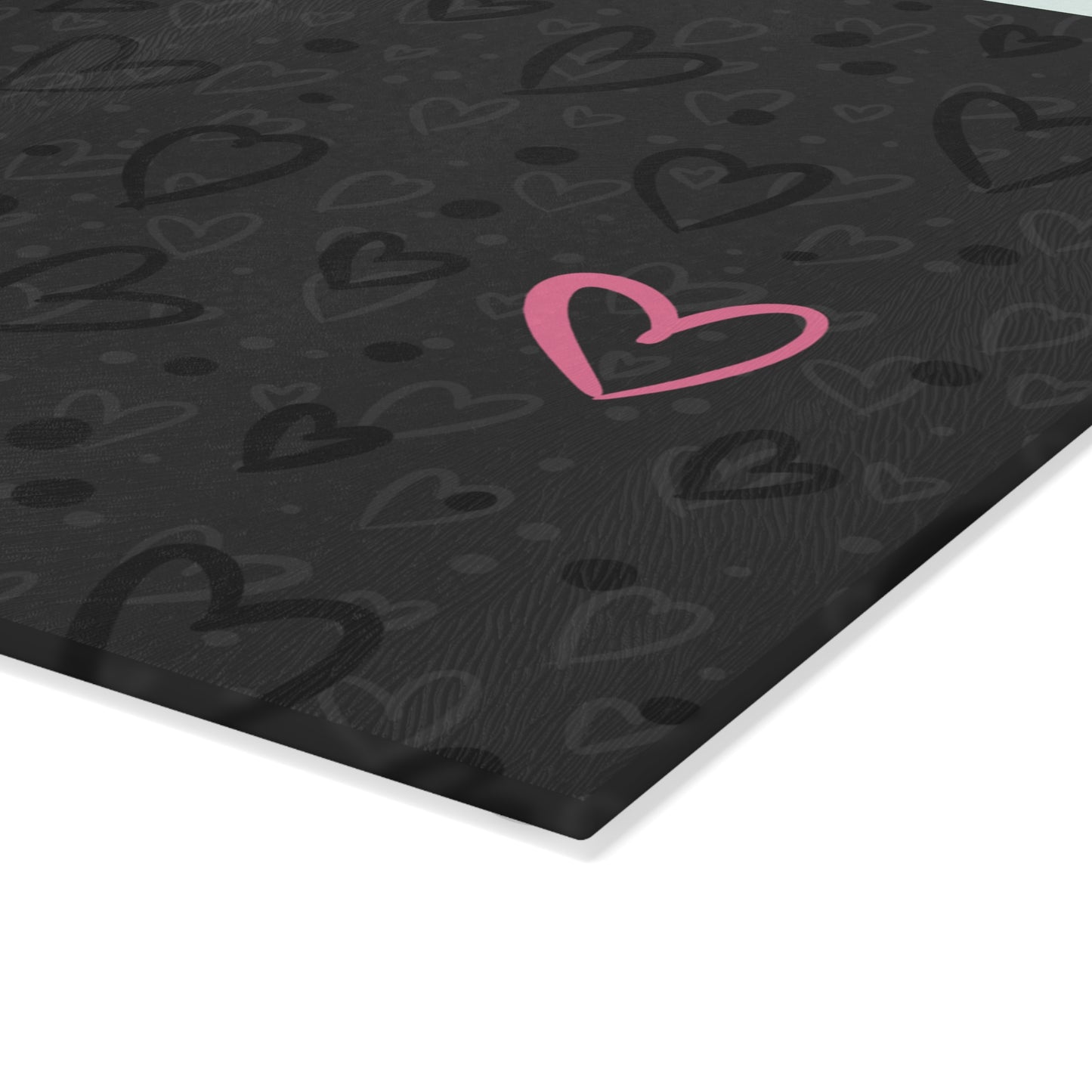 Cutting Board - Black Monochrome Heart Pattern with Pink Heart, Hand Drawn Design by Anndria, Millennial Gray Kitchen Decor
