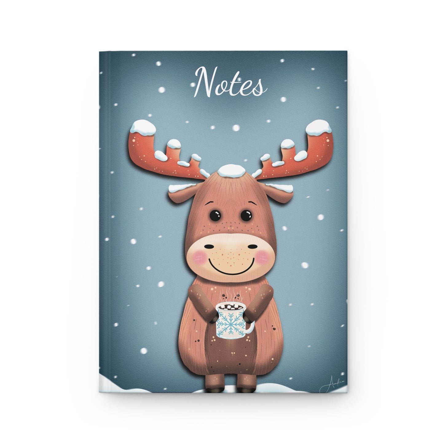 Hardcover Journal Matte with Anndria's Frosty Sips Cute Moose Drawing, Notebook, Sketchbook, Diary, Gift for Writers, Winter Holidays