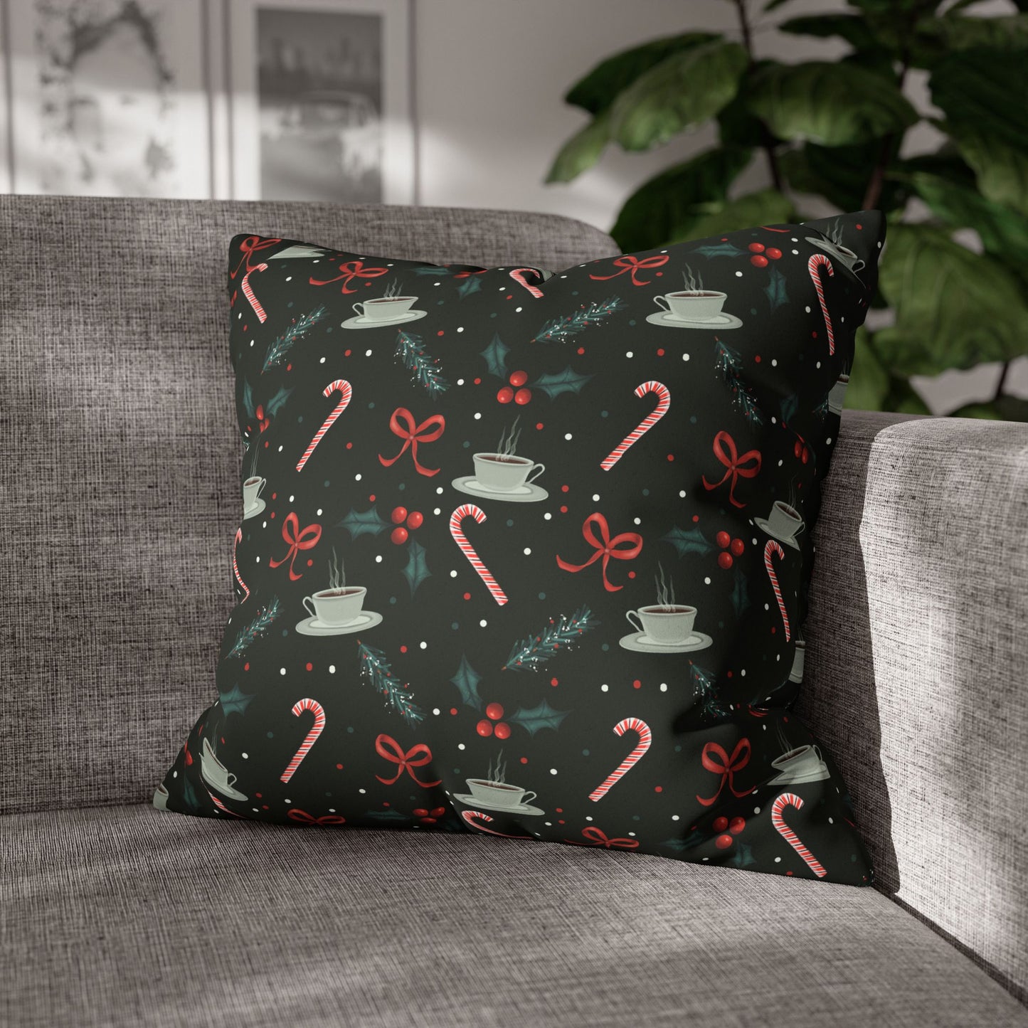 Throw Pillow Christmas Candy Canes Pine Sprigs Coffee Holly Bows Faux Suede - Dark Green