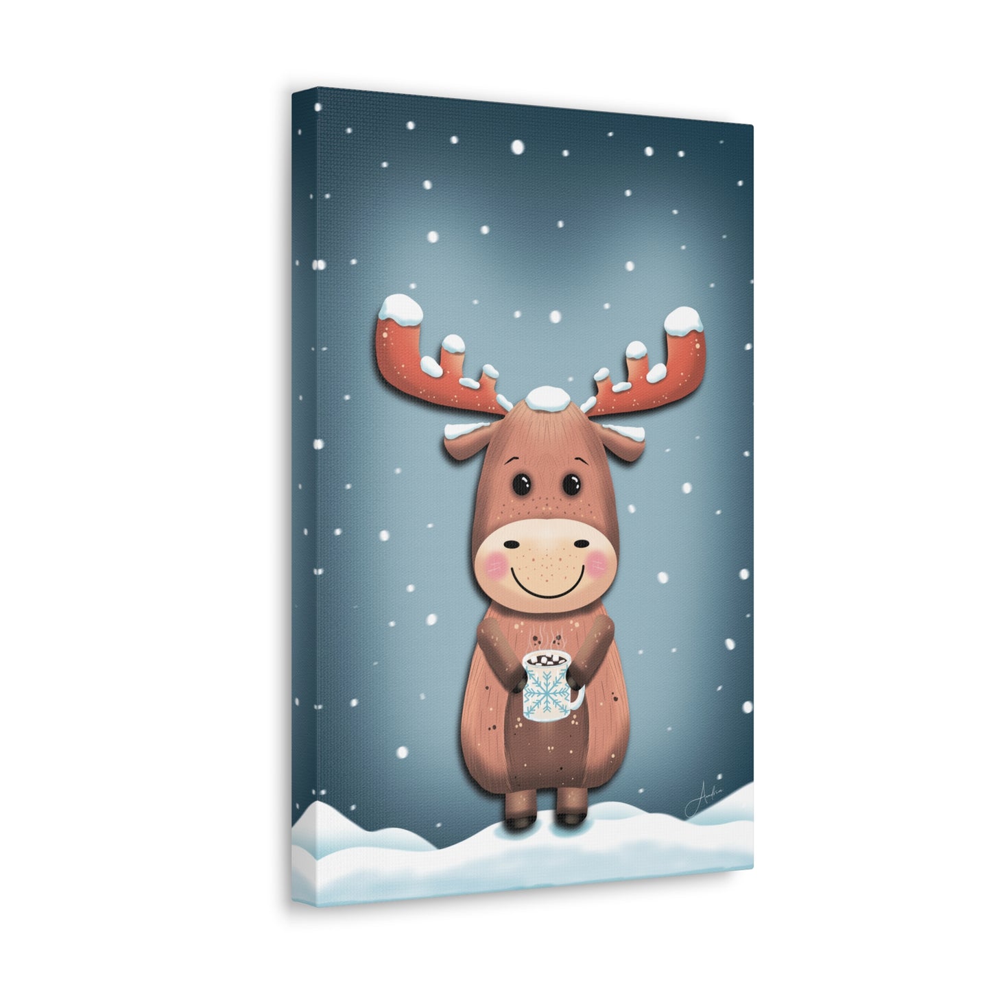 Canvas Wall Art, Cute Moose Covered in Snow, Hot Chocolate with Marshmallows, Frosty Sips Illustration, Winter Cabin Decor, Wildlife Animal