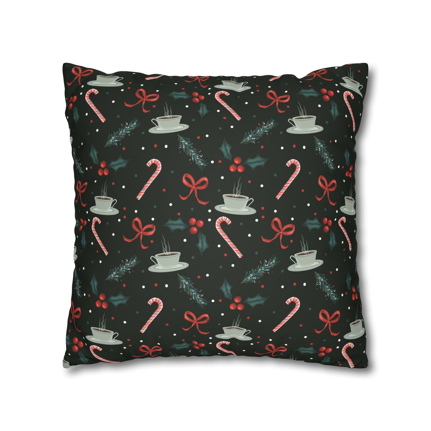 Throw Pillow Christmas Candy Canes Pine Sprigs Coffee Holly Bows Faux Suede - Dark Green