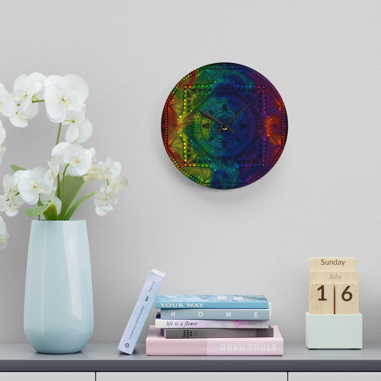Mandala Wall Clock, Rainbow Holographic Acrylic Clock, Psychedelic Art, Colorful Home Decor, Unique Gift Idea, Anndria Design