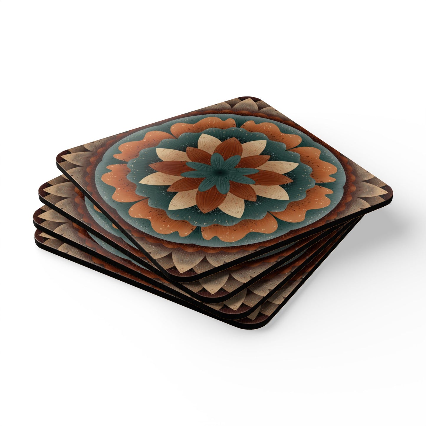 Harvest Harmony Corkwood Coaster Set | 4-Piece Set by Anndria | High-Gloss Finish with Cork Backing
