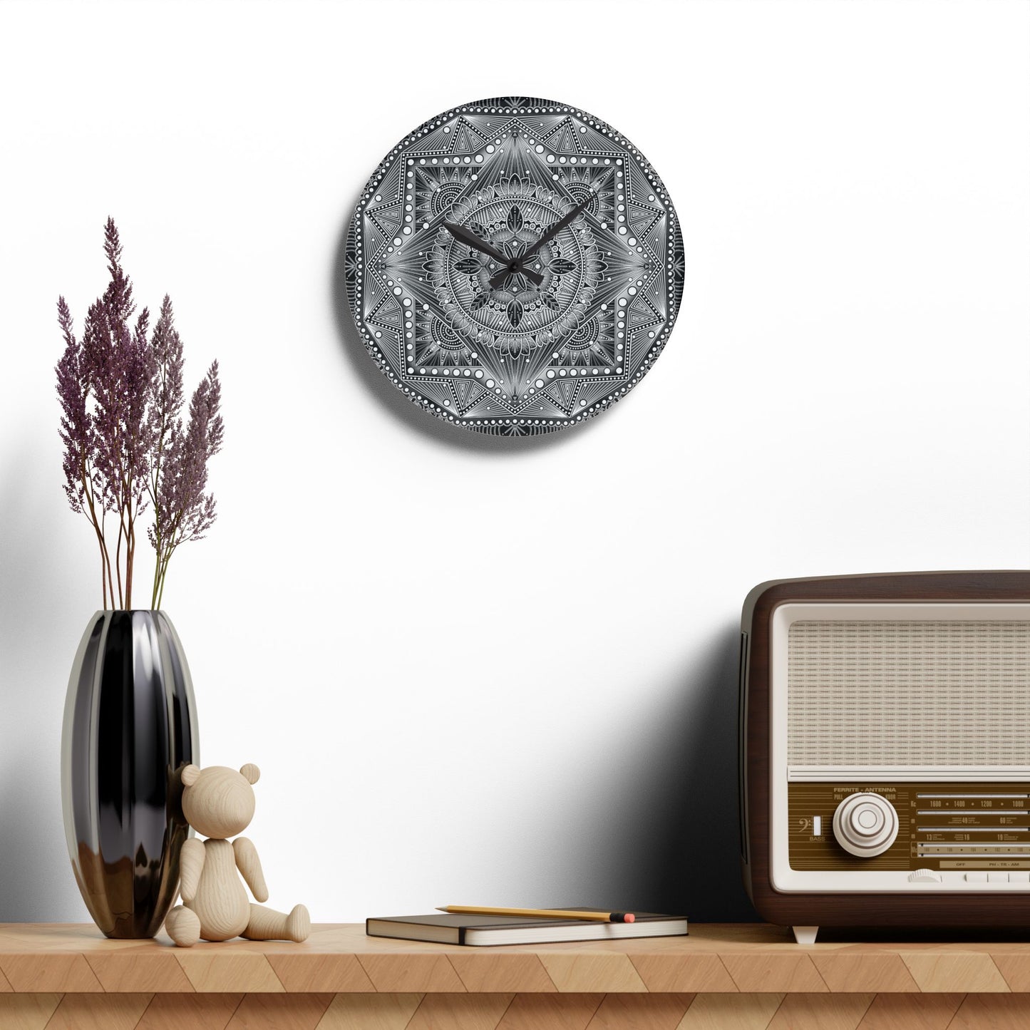 Mandala Wall Clock, Unique Acrylic Clock, Boho Home Decor, Hand Drawn Artwork, Modern Office Clock, Geometric Design Decor