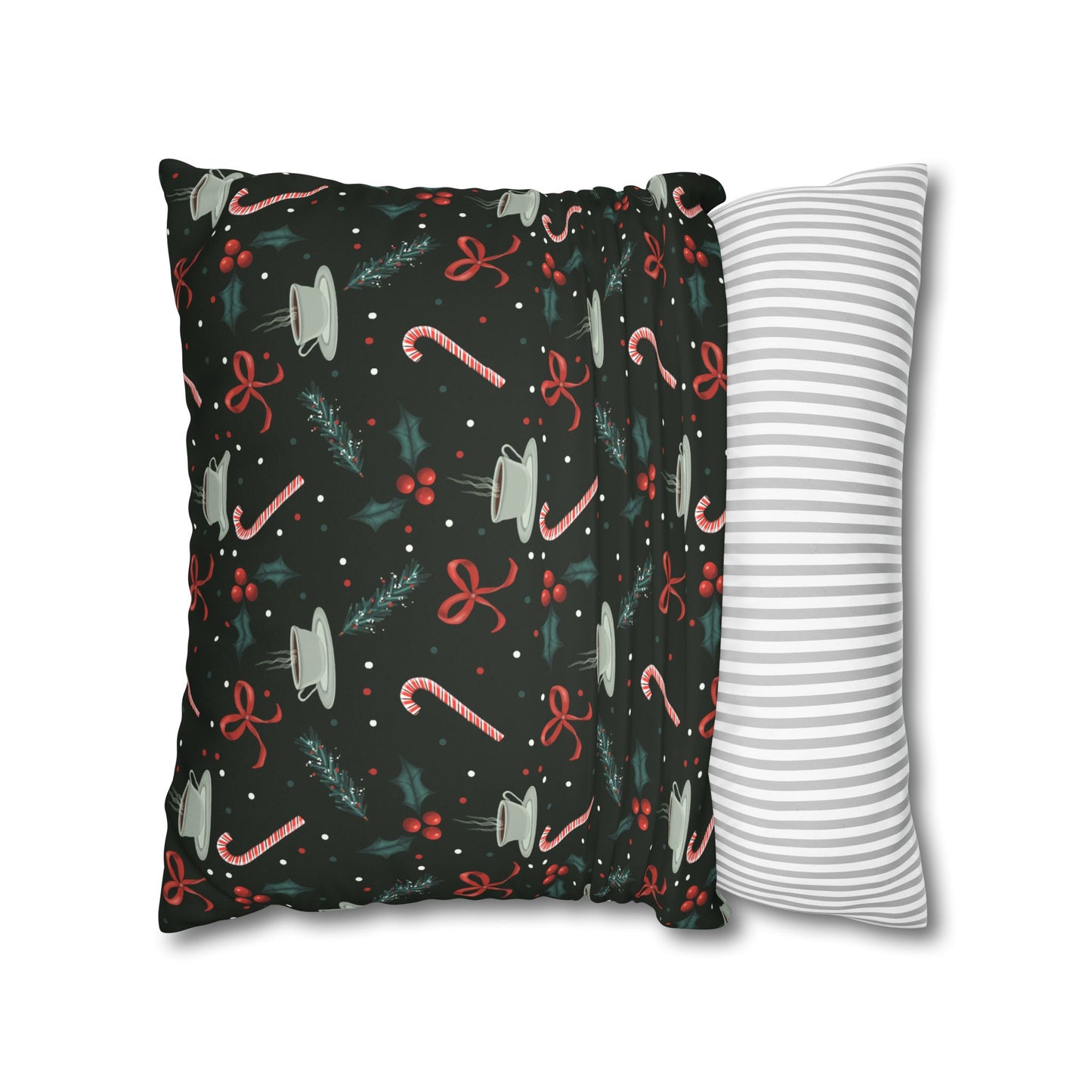 Throw Pillow Christmas Candy Canes Pine Sprigs Coffee Holly Bows Faux Suede - Dark Green