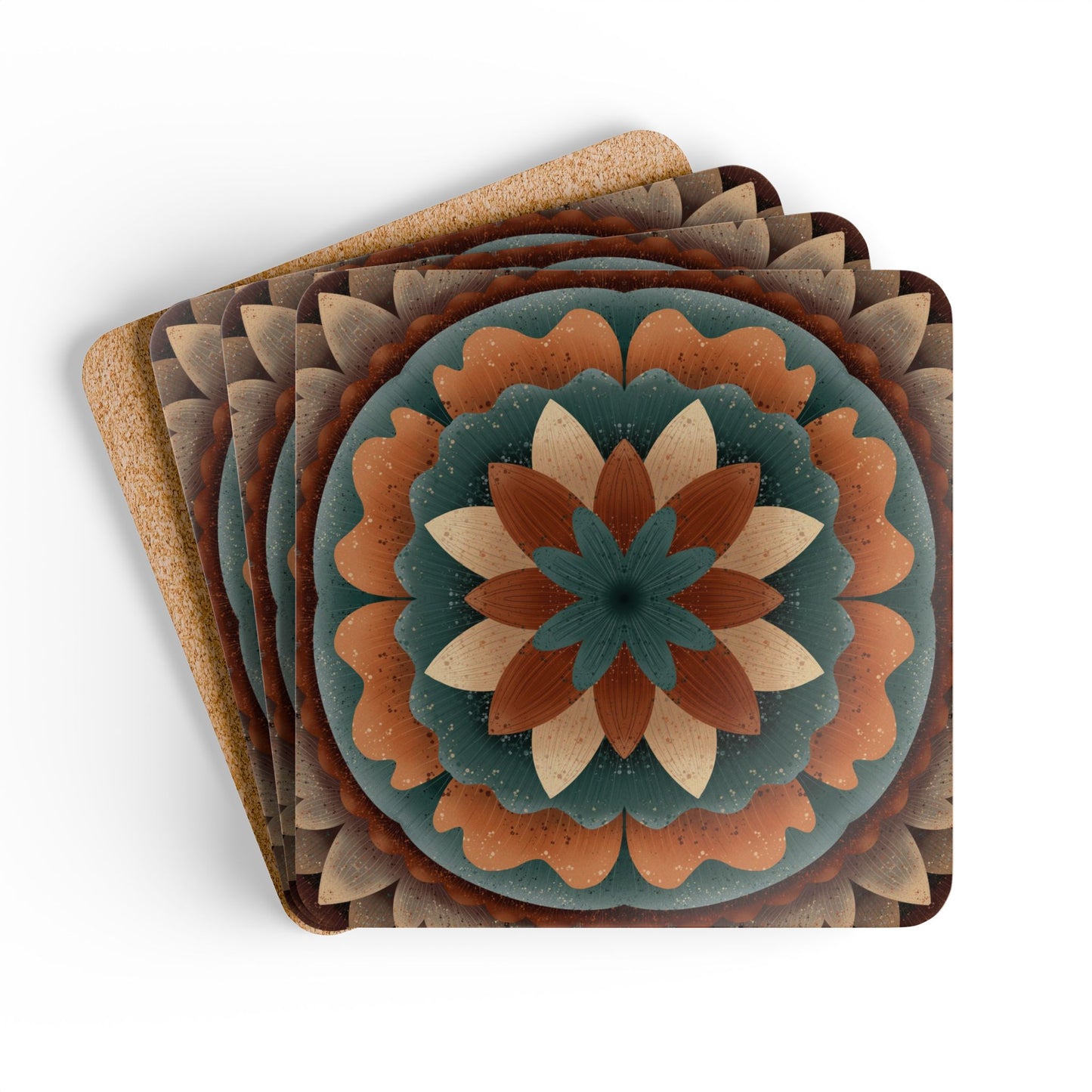 Harvest Harmony Corkwood Coaster Set | 4-Piece Set by Anndria | High-Gloss Finish with Cork Backing