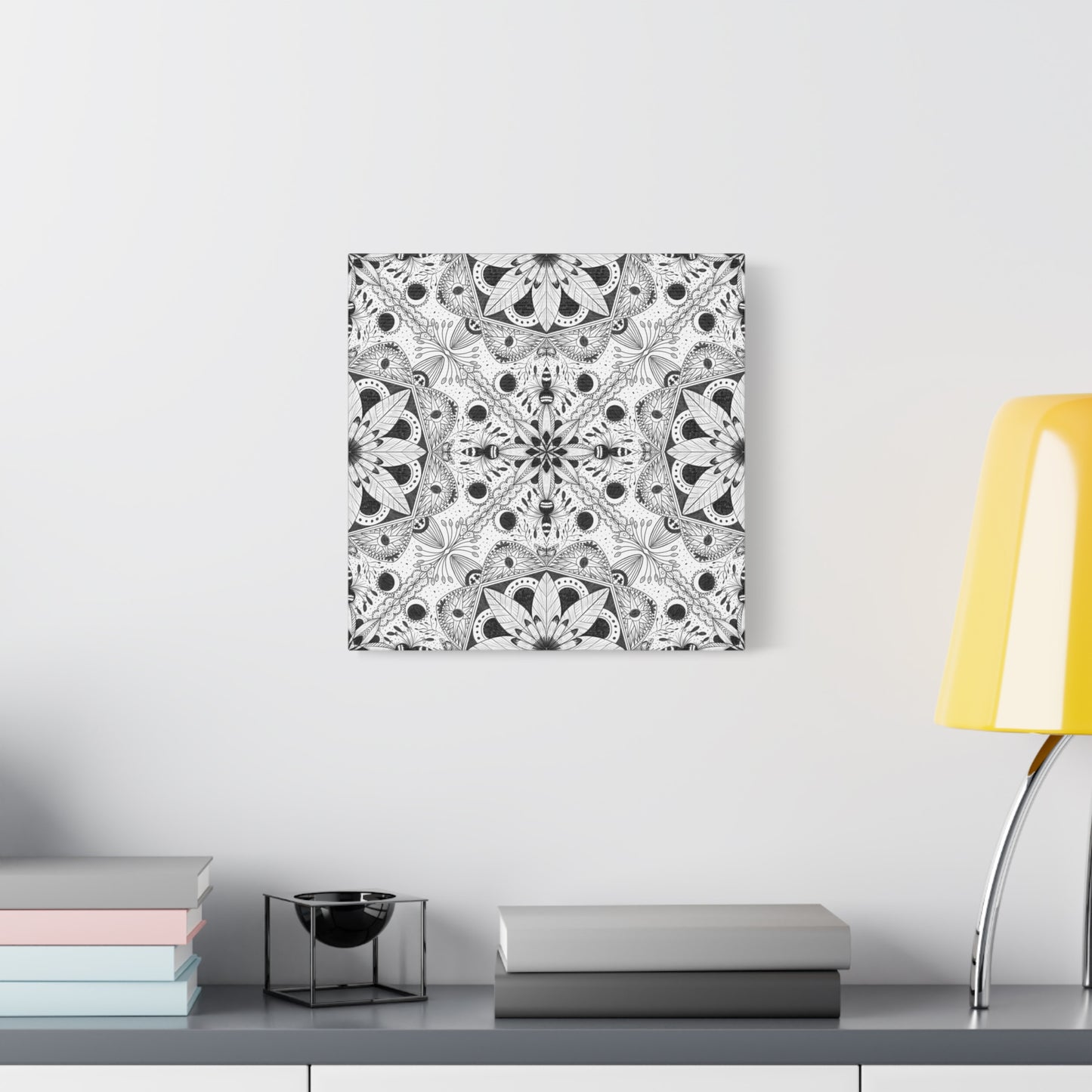 Black and White Floral Pattern Canvas Wall Art - Witchy Moth and Moons