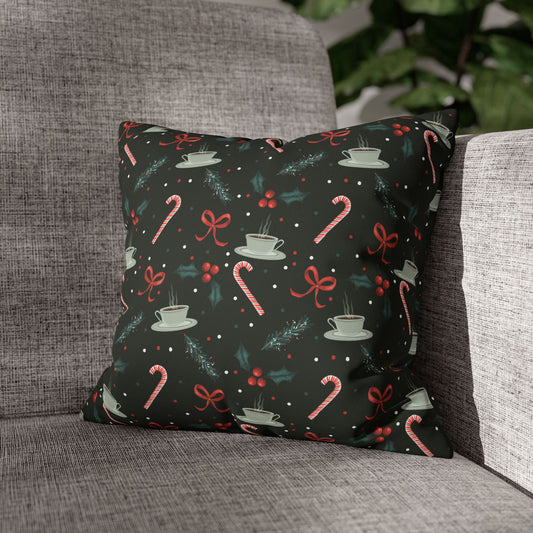 Throw Pillow Christmas Candy Canes Pine Sprigs Coffee Holly Bows Faux Suede - Dark Green